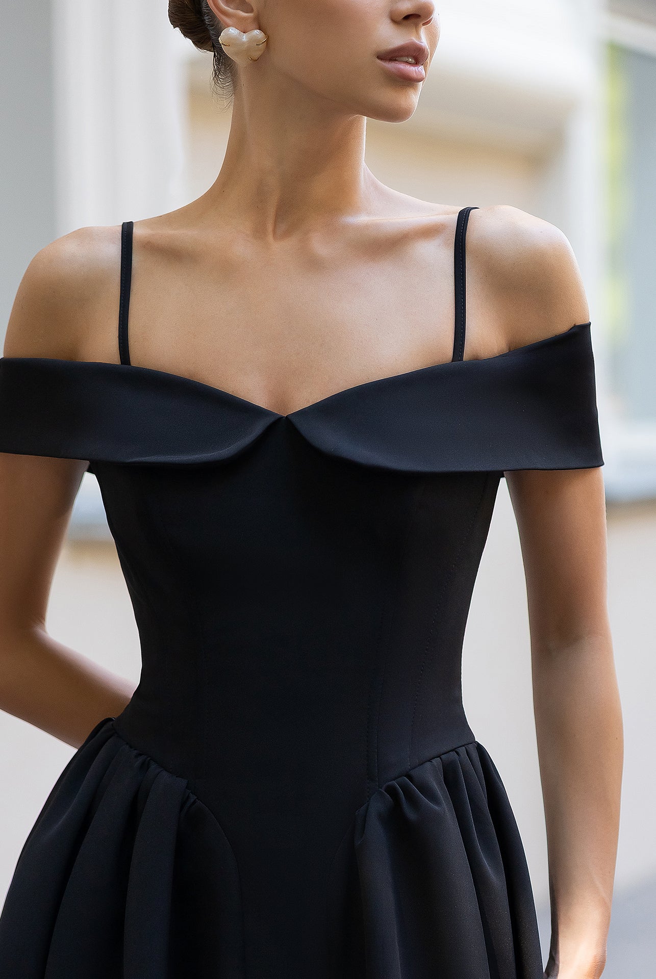 Black Off-The-Shoulder Mini Dress - close-up detail | ELAGIA