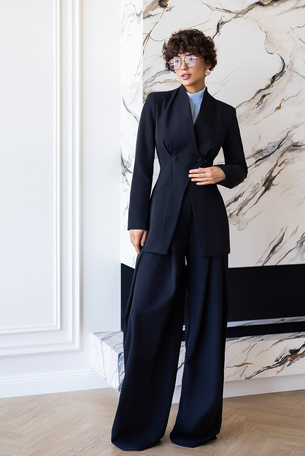 ELAGIA Avra Black Asymmetric Double-Breasted Longline Blazer Suit 2-Piece front view - 3 piece women's suit style