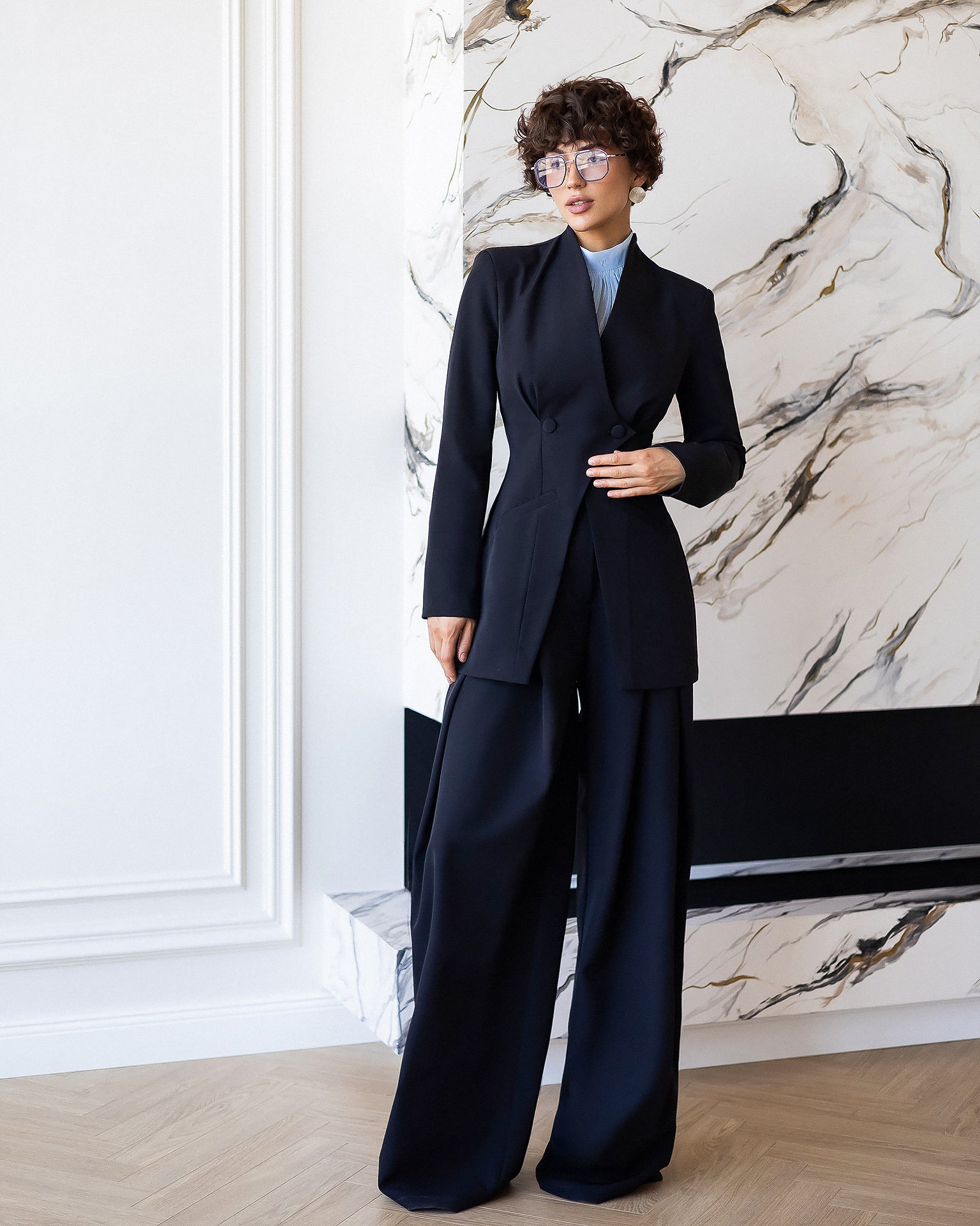 ELAGIA Avra Black Asymmetric Double-Breasted Longline Blazer Suit 2-Piece front view - 3 piece women's suit style