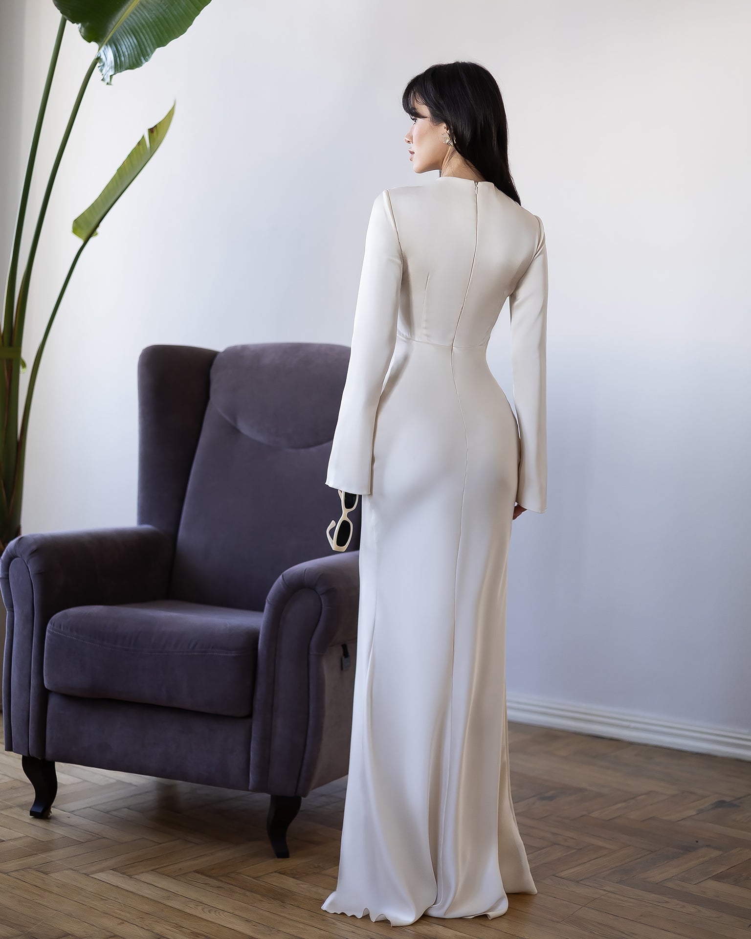 ELAGIA Novelle Beige Satin Twist-Front Cut-Out Maxi Dress close-up detail - 3 piece women's suit purple business suit women