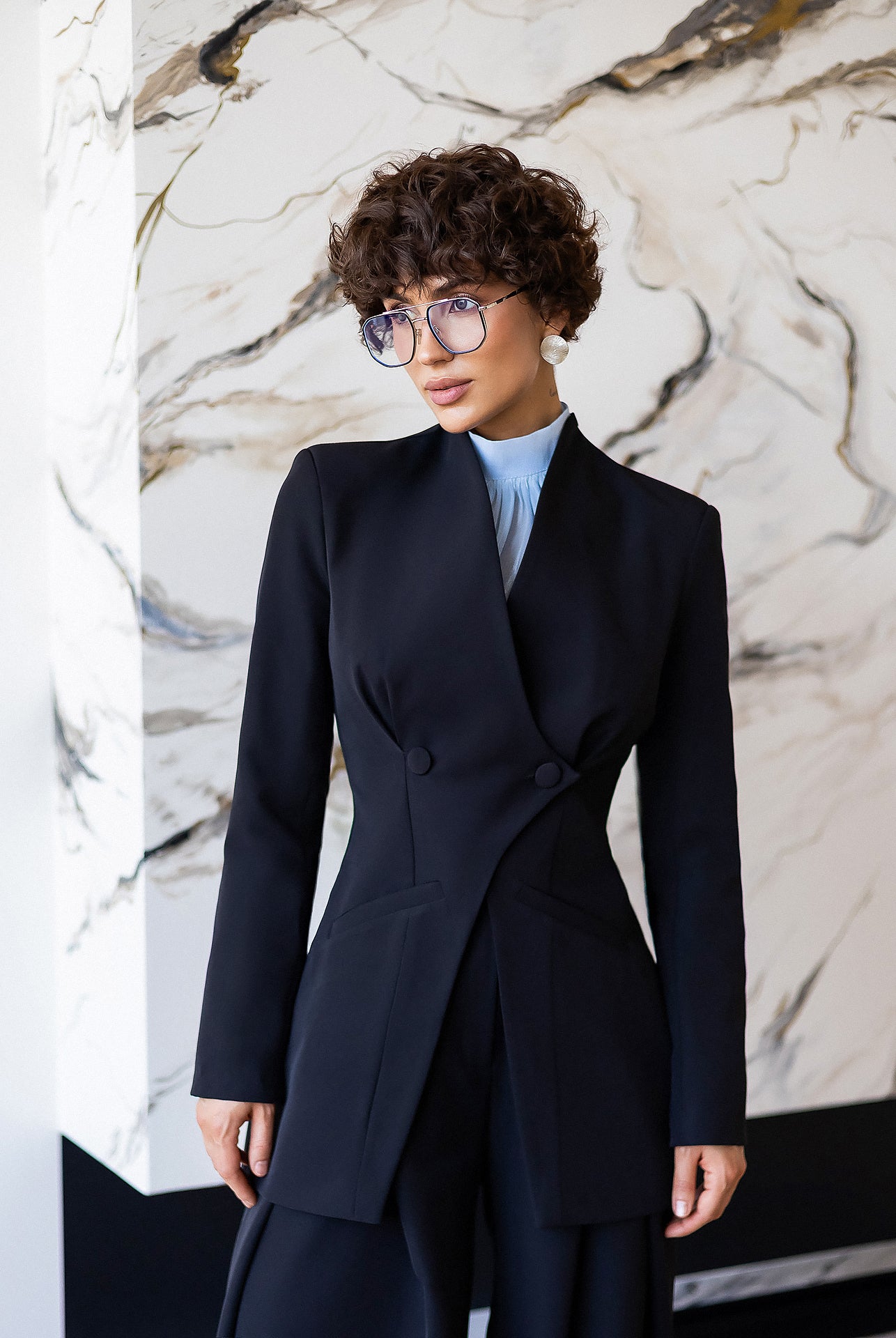 ELAGIA Avra Black Asymmetric Double-Breasted Longline Blazer Suit 2-Piece back view - purple business suit women style