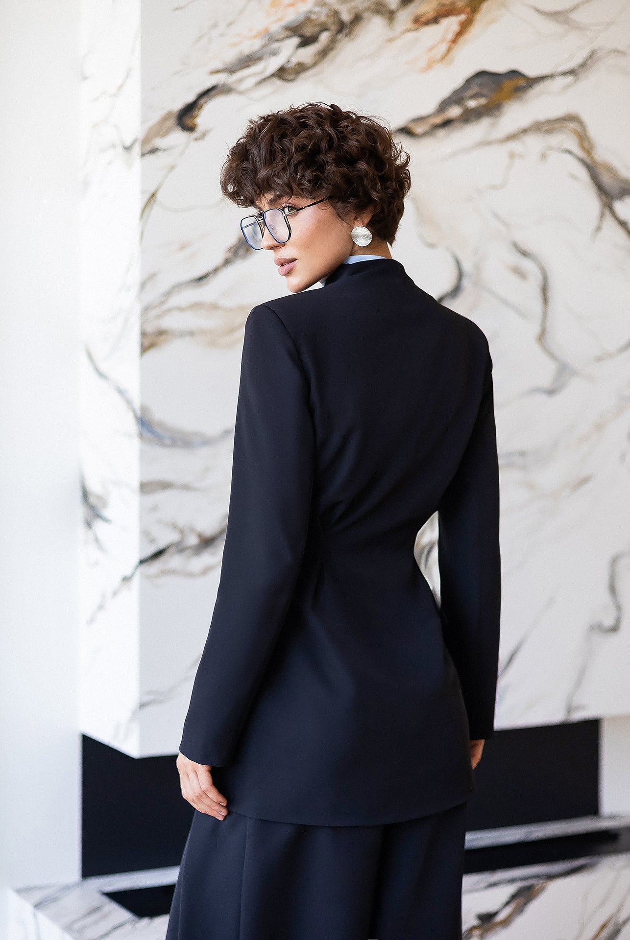 ELAGIA Avra Black Asymmetric Double-Breasted Longline Blazer Suit 2-Piece detail shot - 3 piece women's suit design