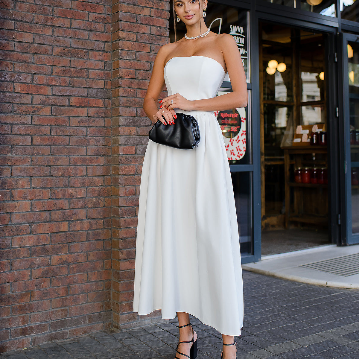White Strapless Midi Dress