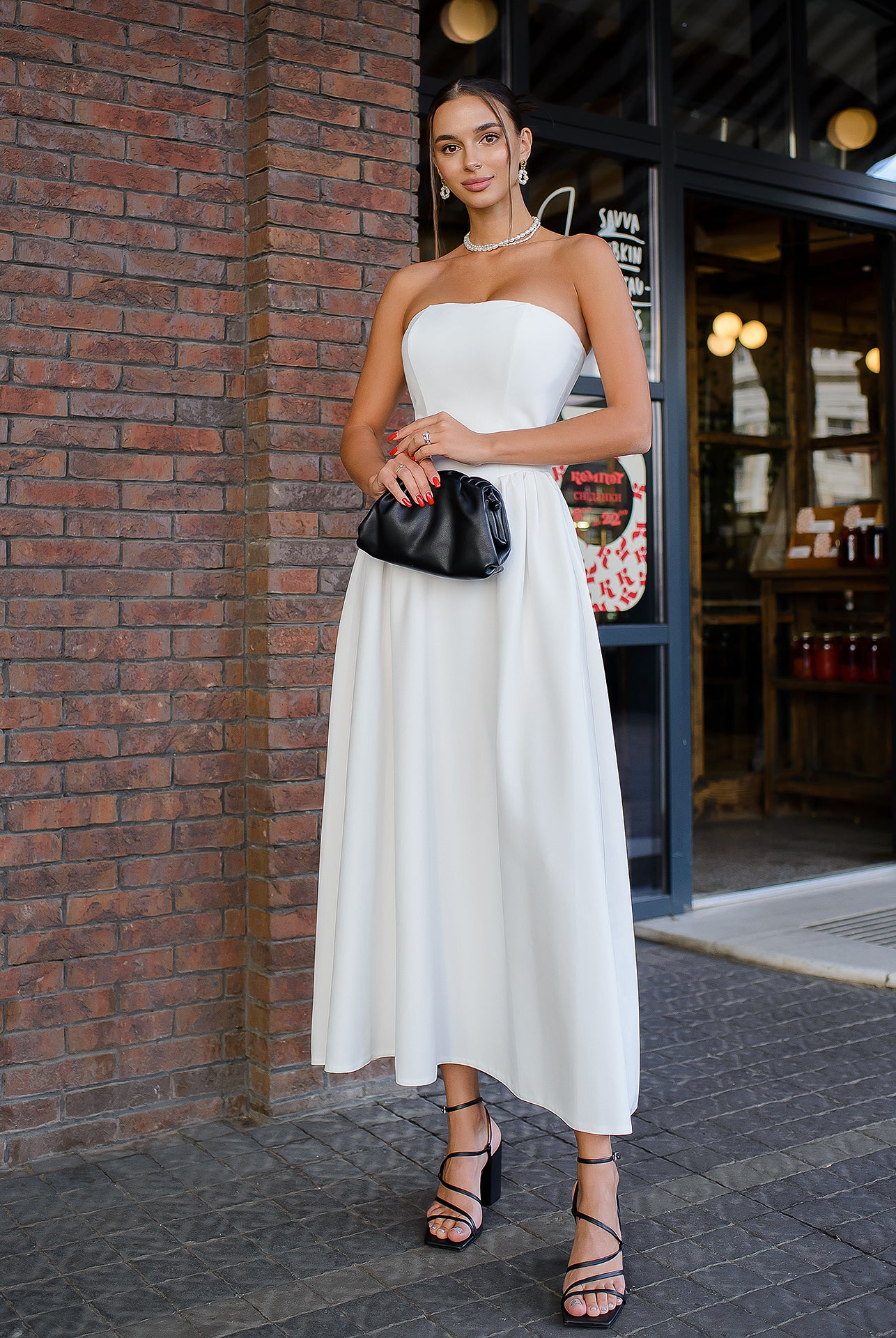 White Strapless Midi Dress - front view | ELAGIA