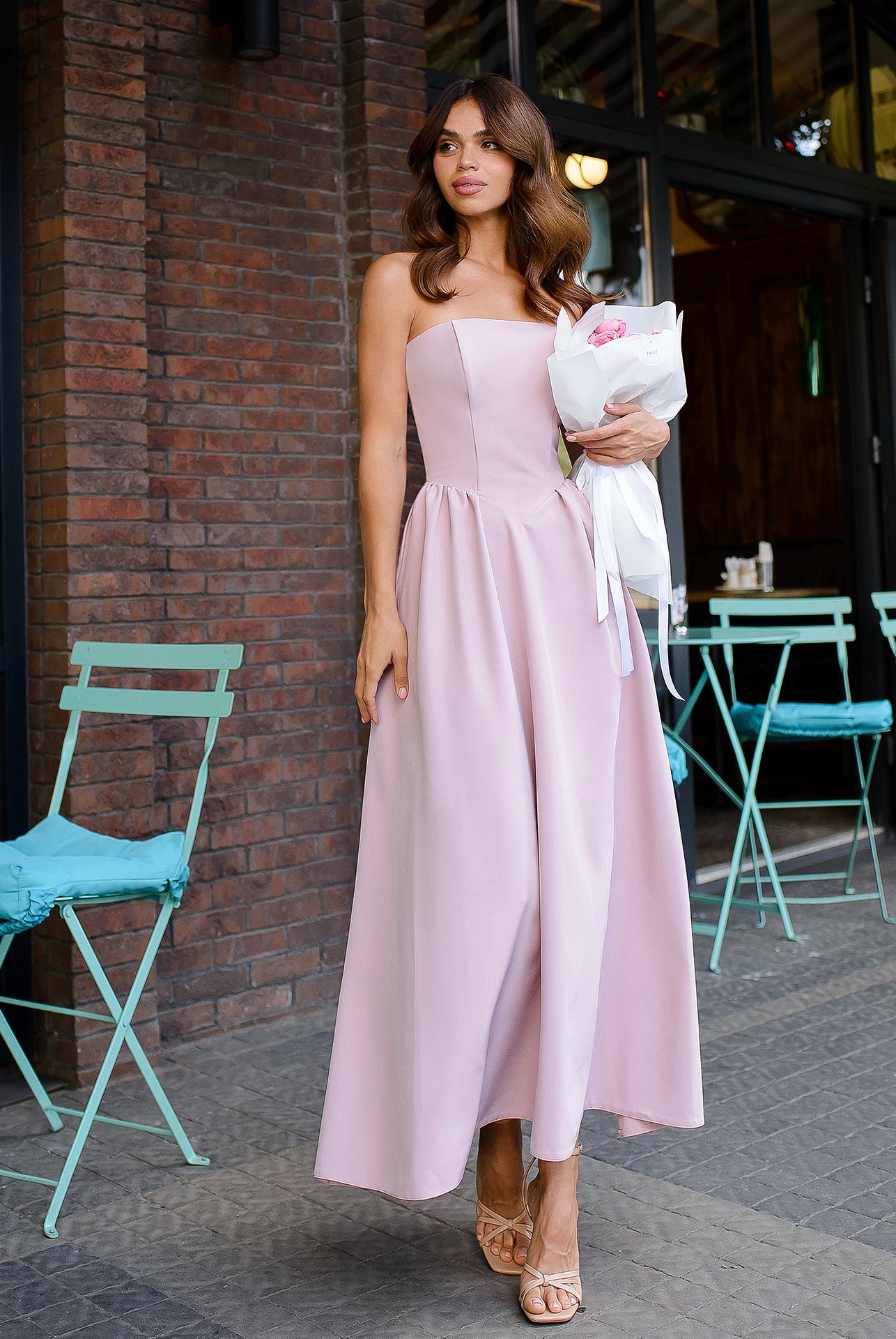Dusty Pink Strapless Midi Dress - front view | ELAGIA