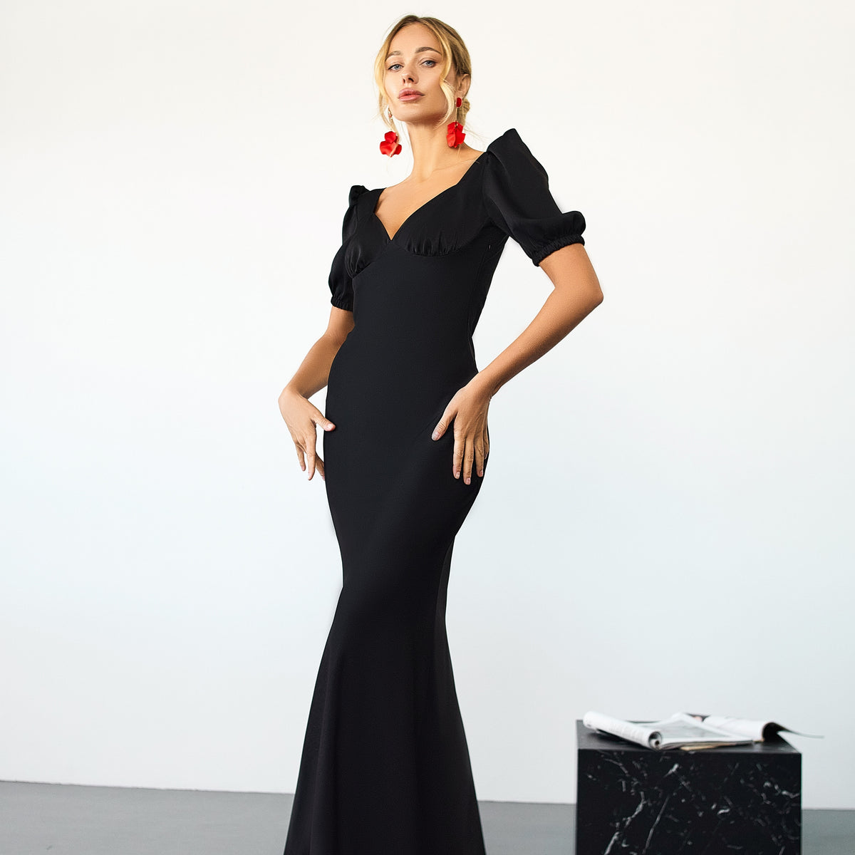 Black Satin Puff Sleeve Maxi Dress