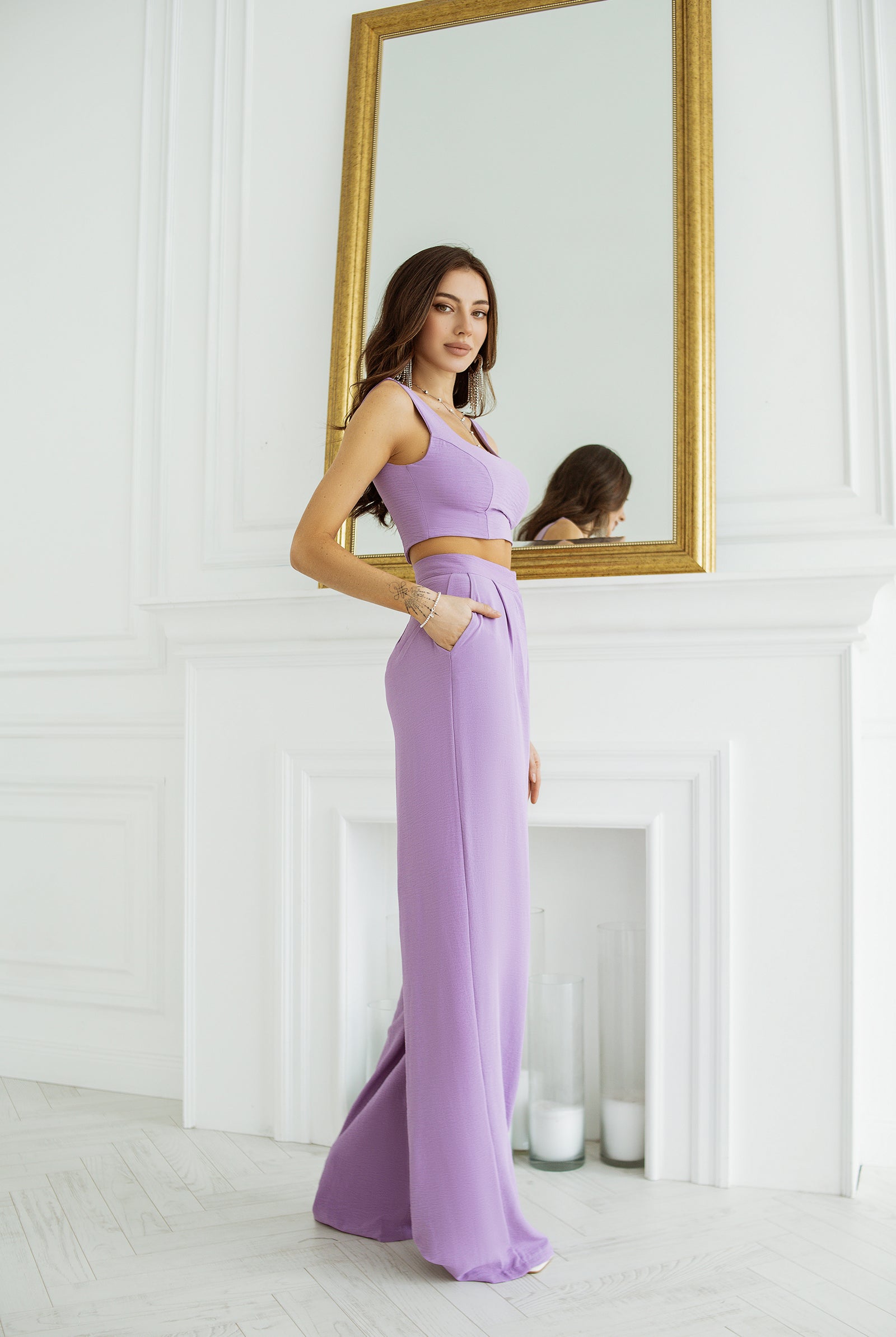 ELAGIA lavender sleeveless top and wide-leg pants 2-piece set back view - 3 piece women's suit style