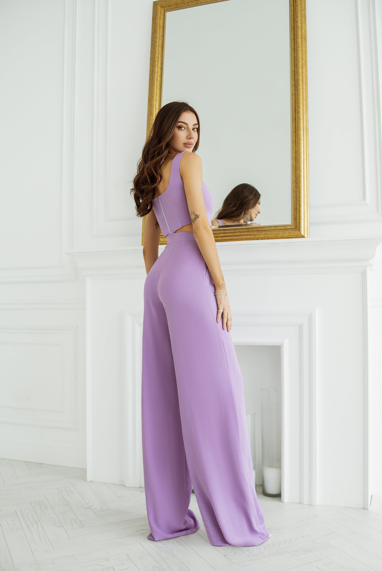 ELAGIA lavender sleeveless top and wide-leg pants detail shot showing fabric texture - purple business suit women
