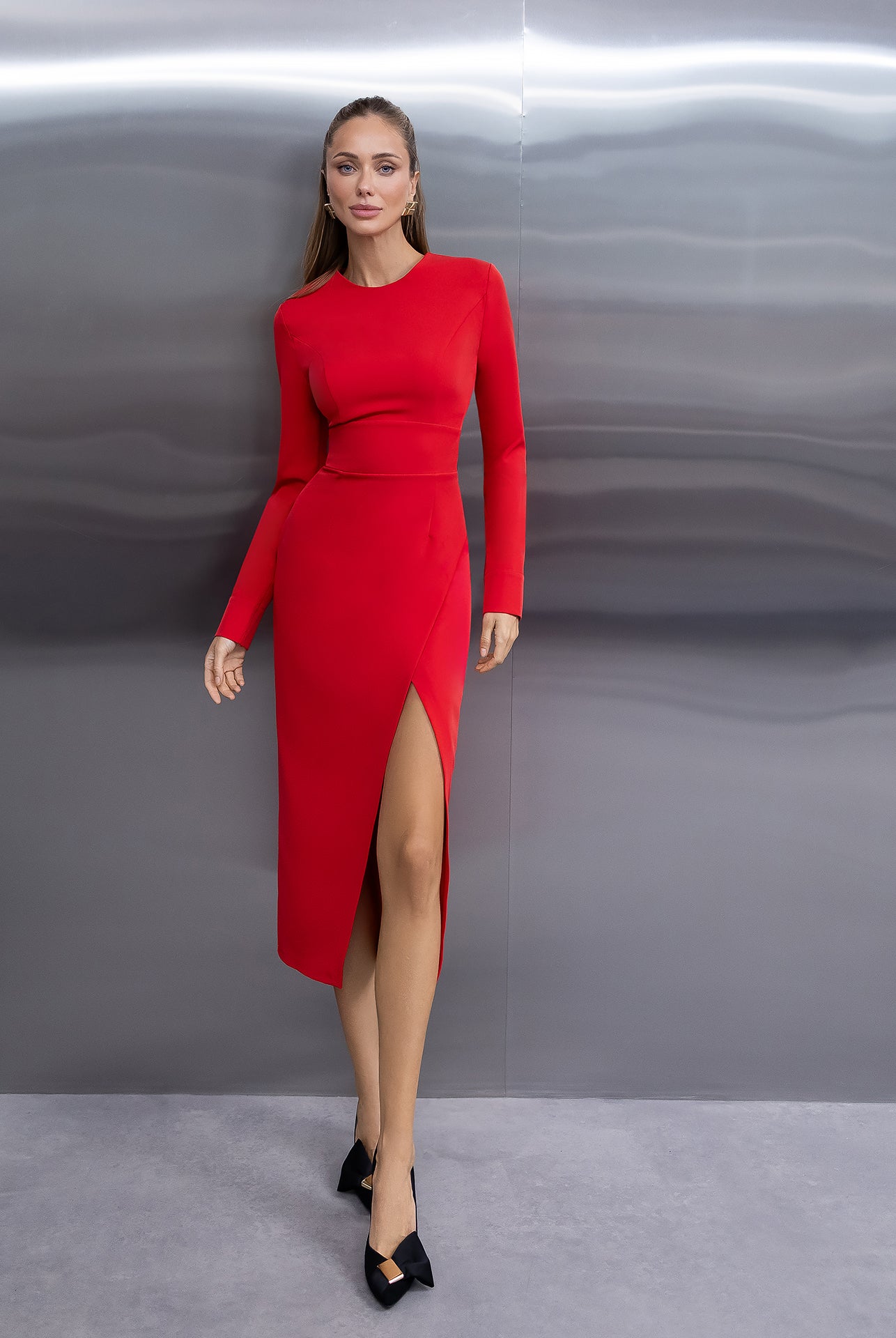 Estelle Red Long-Sleeve Slit Midi Dress - front view | ELAGIA