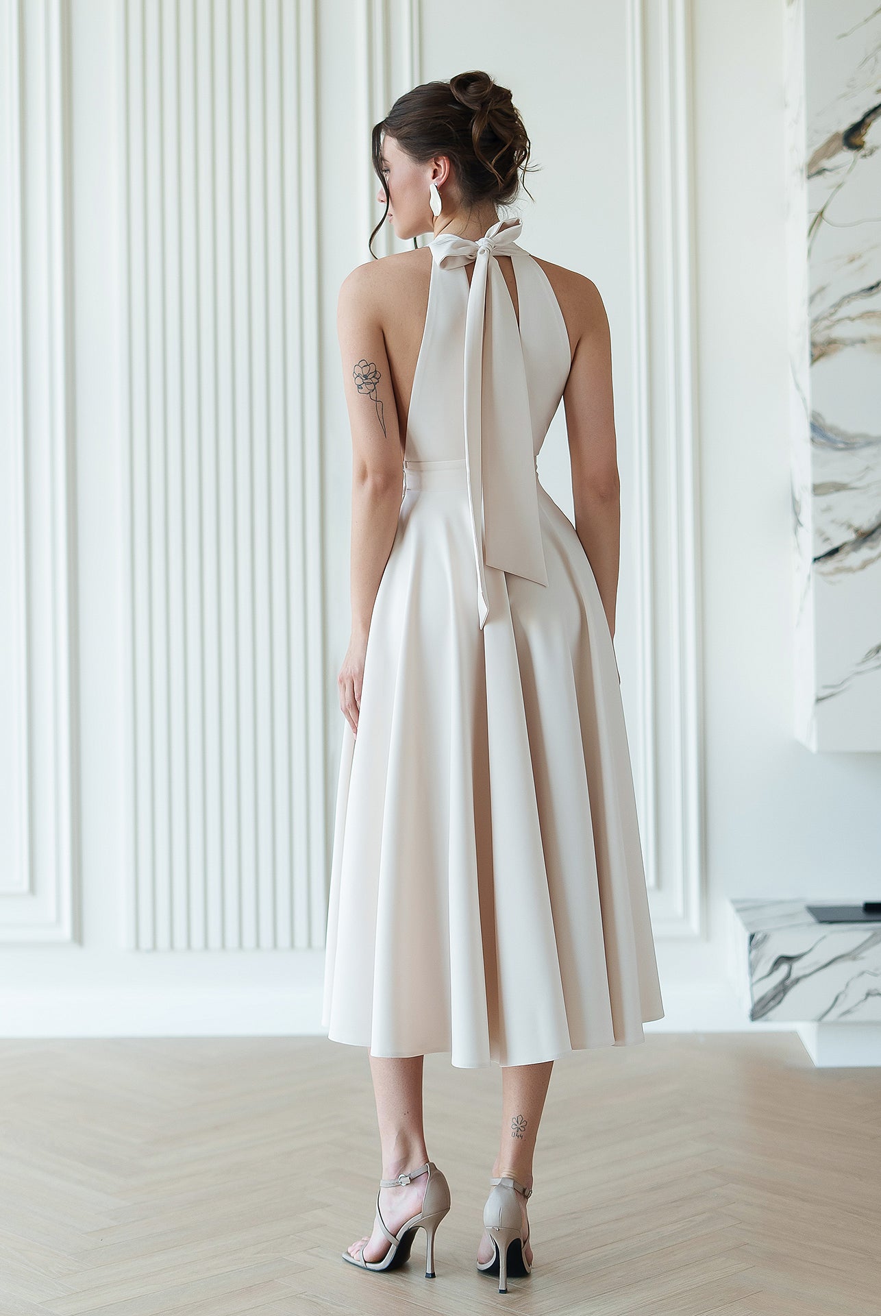Julie Beige Halter Neck Midi Dress - side view | ELAGIA