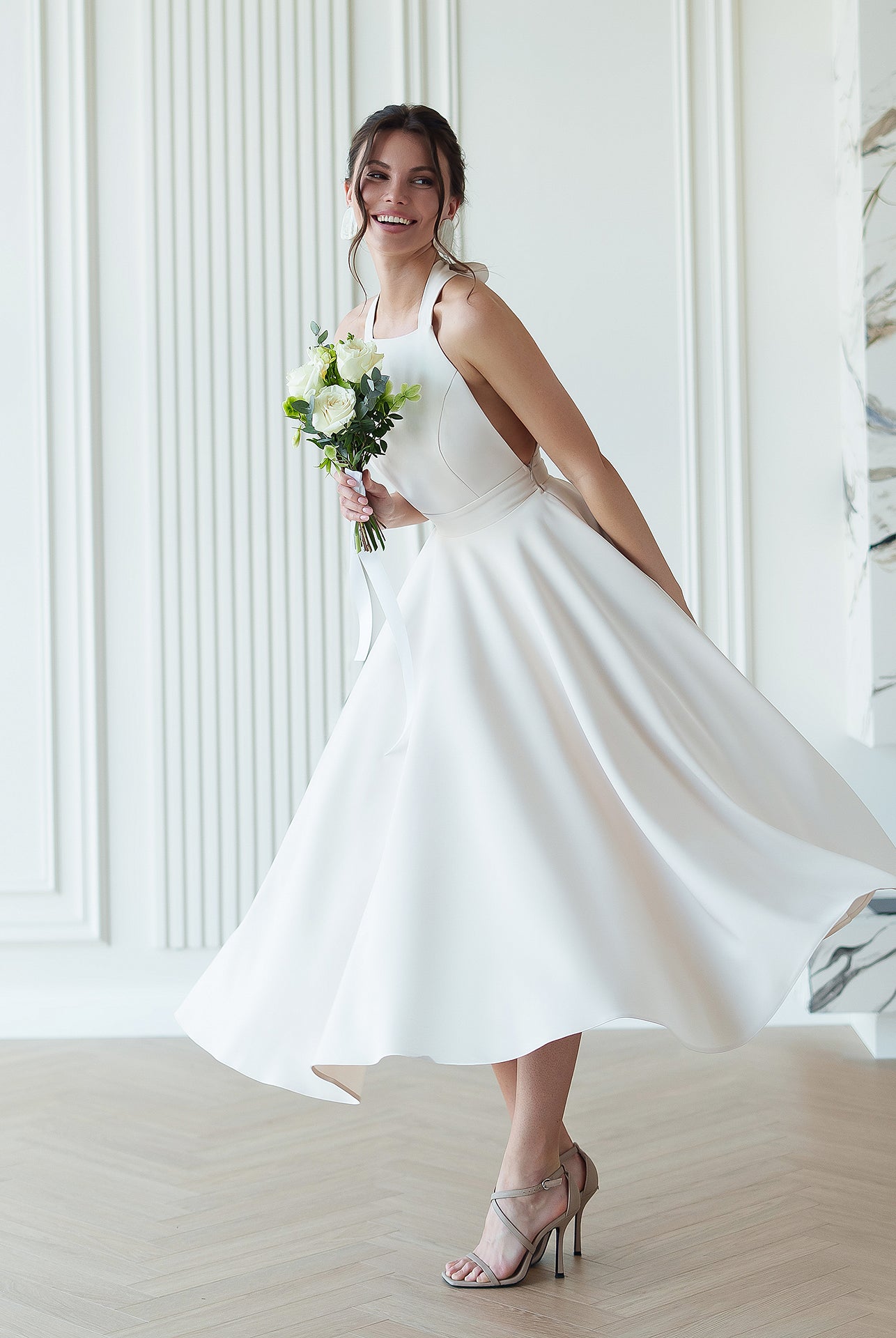 Julie Beige Halter Neck Midi Dress - back view | ELAGIA