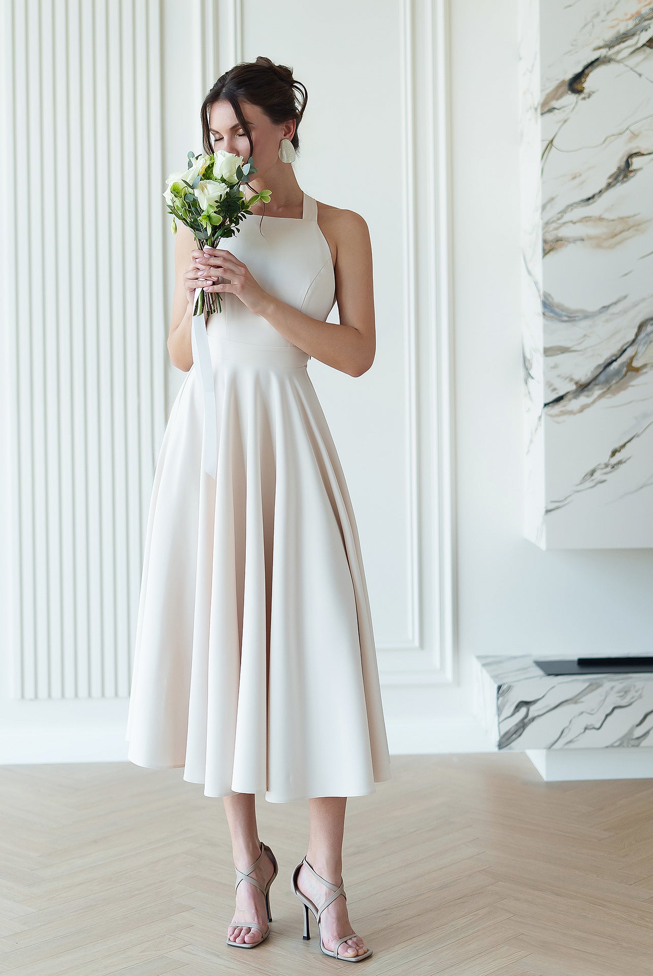 Julie Beige Halter Neck Midi Dress - front view | ELAGIA