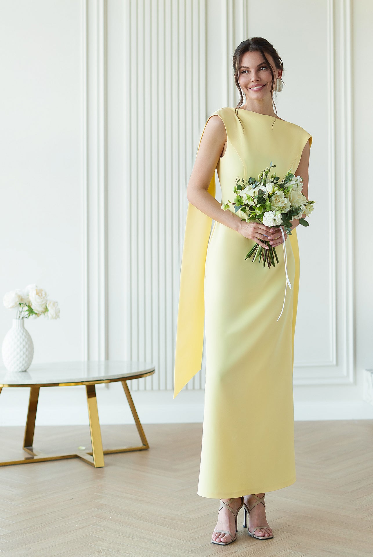 Yellow Boat-Neck Sleeveless Open-Back Maxi Dress - front view | ELAGIA