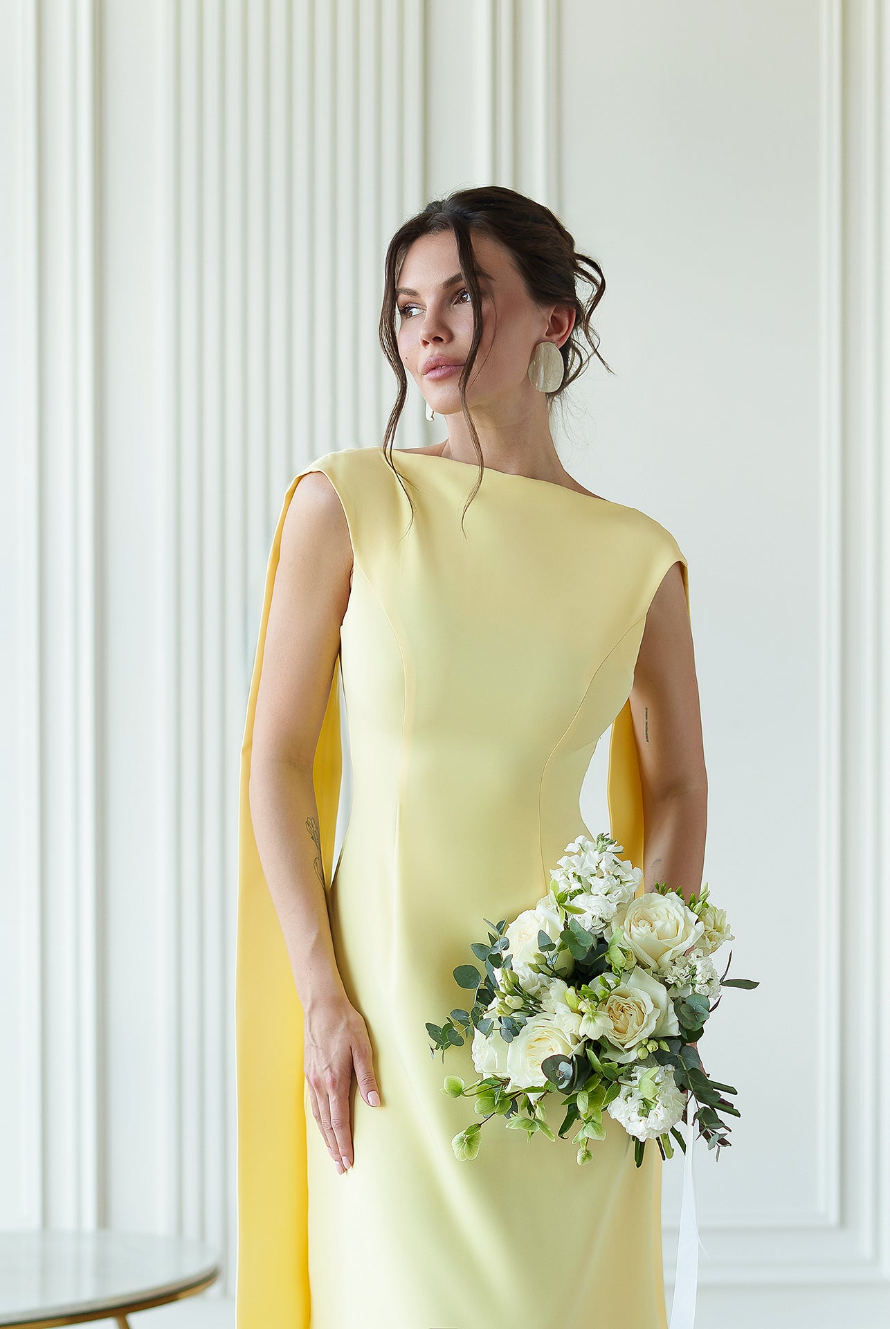 Yellow Boat-Neck Sleeveless Open-Back Maxi Dress - back view | ELAGIA
