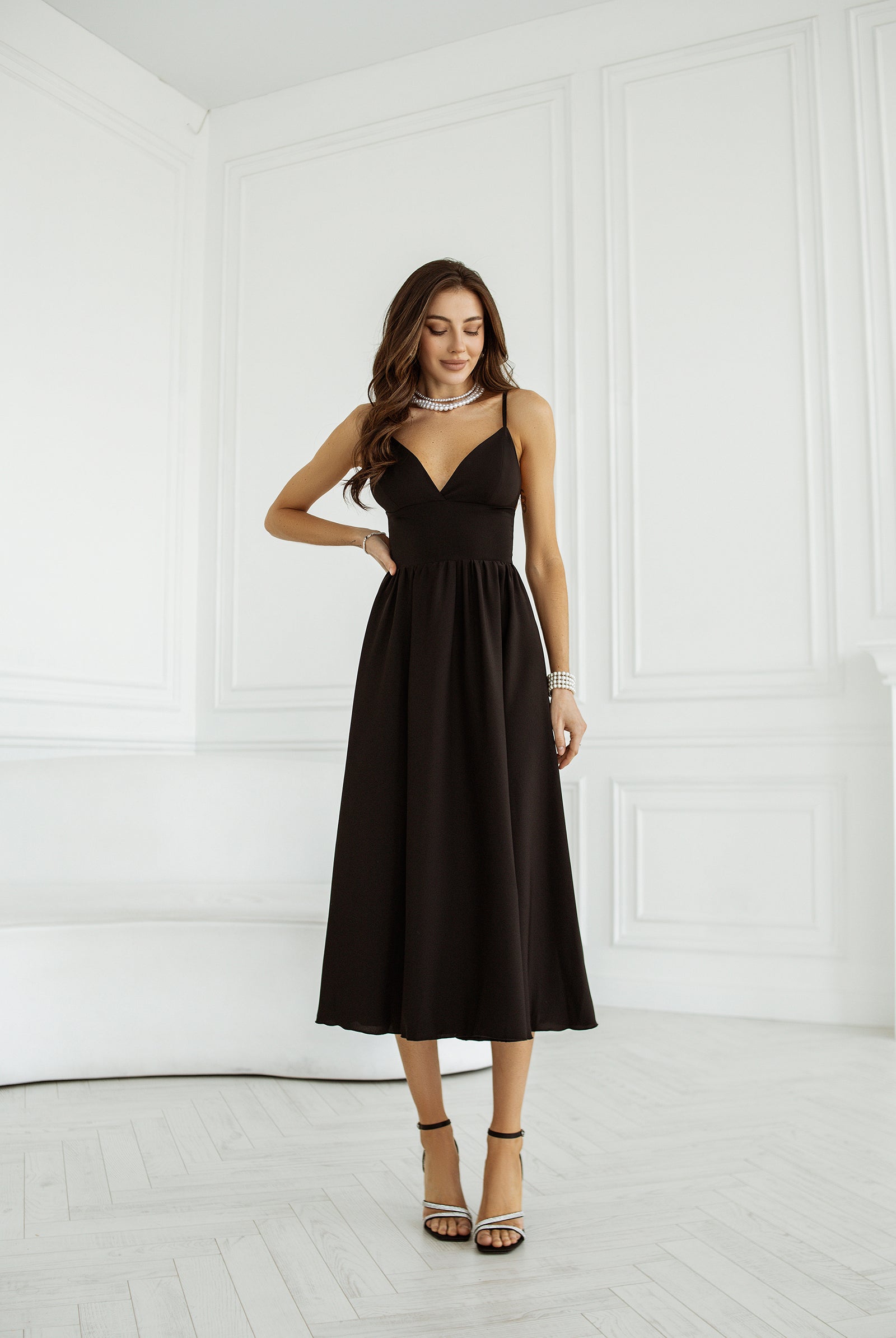 Black V-Neck Slip Dress - front view | ELAGIA