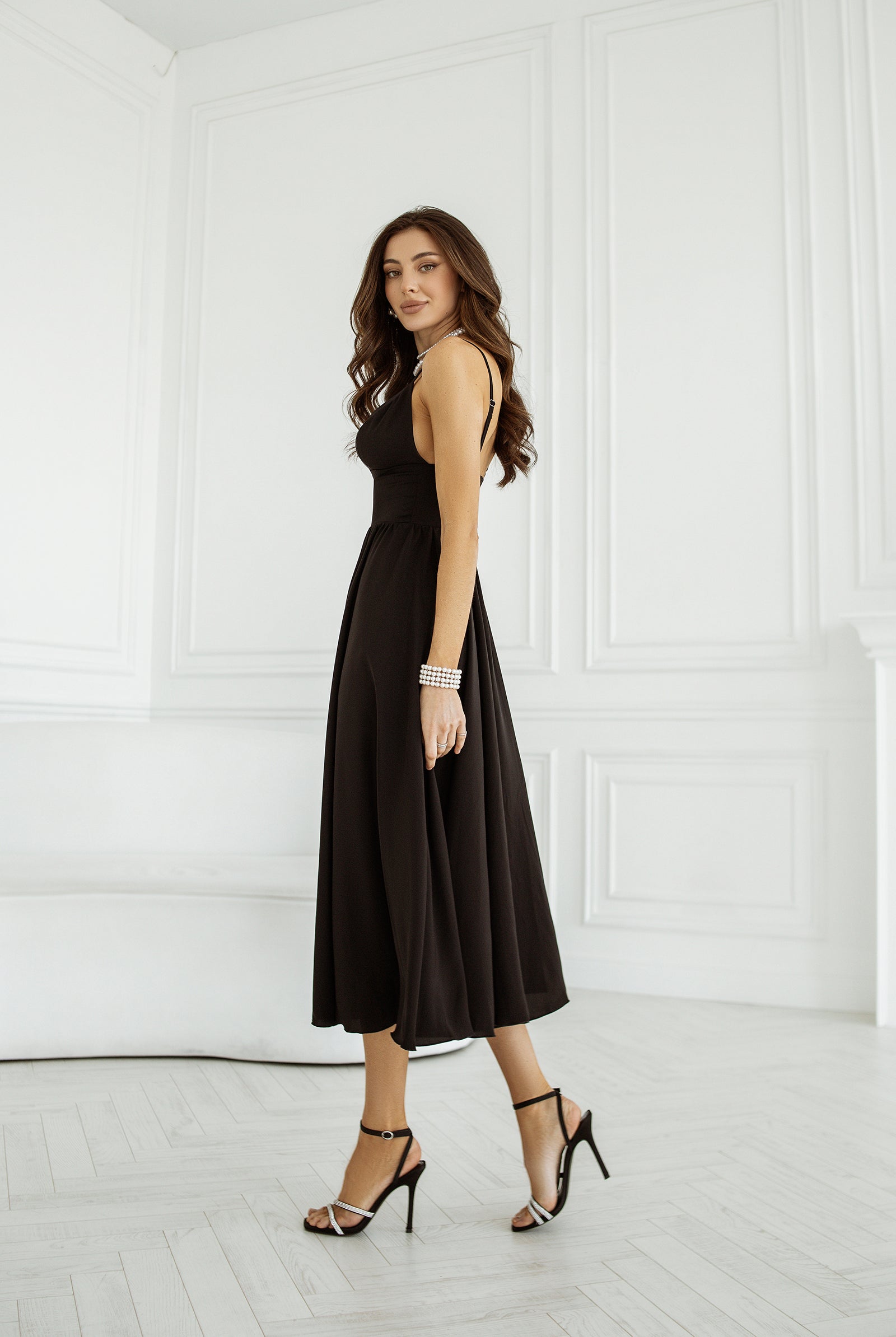 Black V-Neck Slip Dress - close-up detail | ELAGIA