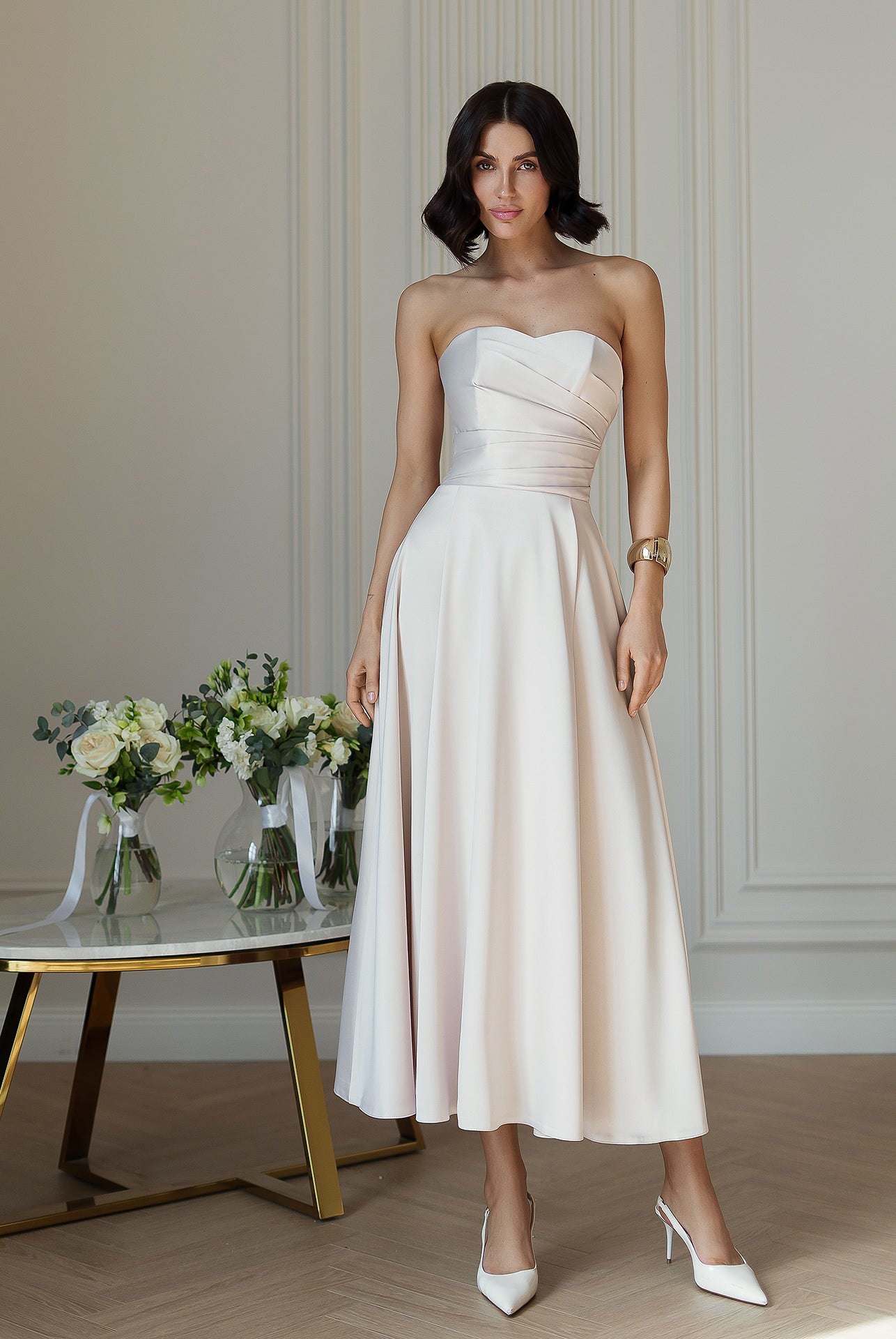 Nova Beige Satin Strapless Sweetheart Midi Dress - close-up detail | ELAGIA