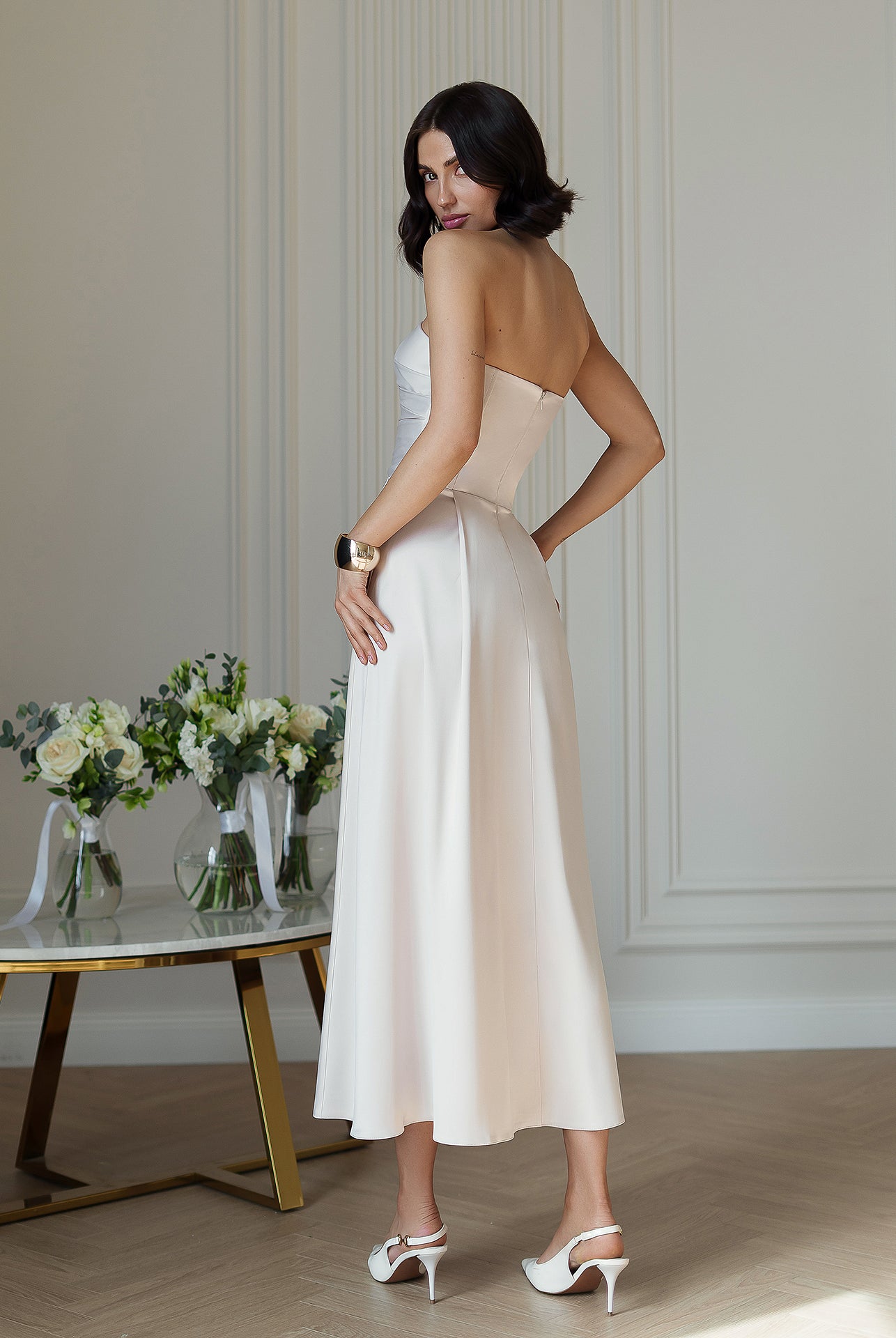 Nova Beige Satin Strapless Sweetheart Midi Dress - styled look | ELAGIA