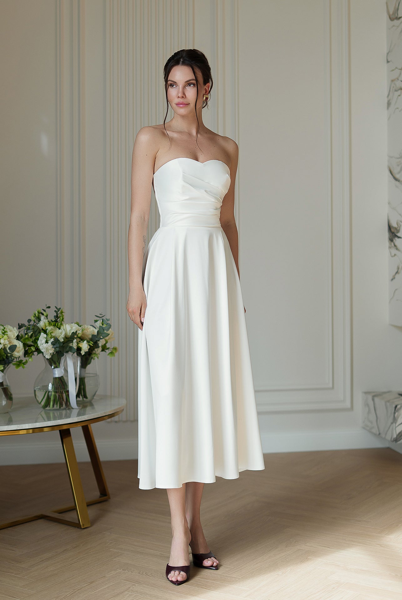 Nova White Satin Strapless Sweetheart Midi Dress - view 7 | ELAGIA