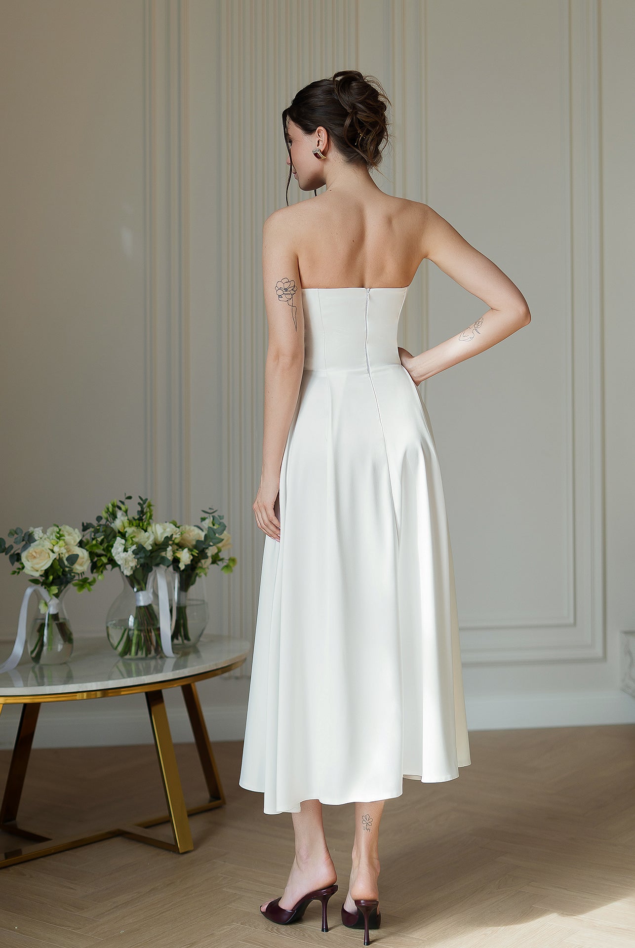 Nova White Satin Strapless Sweetheart Midi Dress - view 8 | ELAGIA
