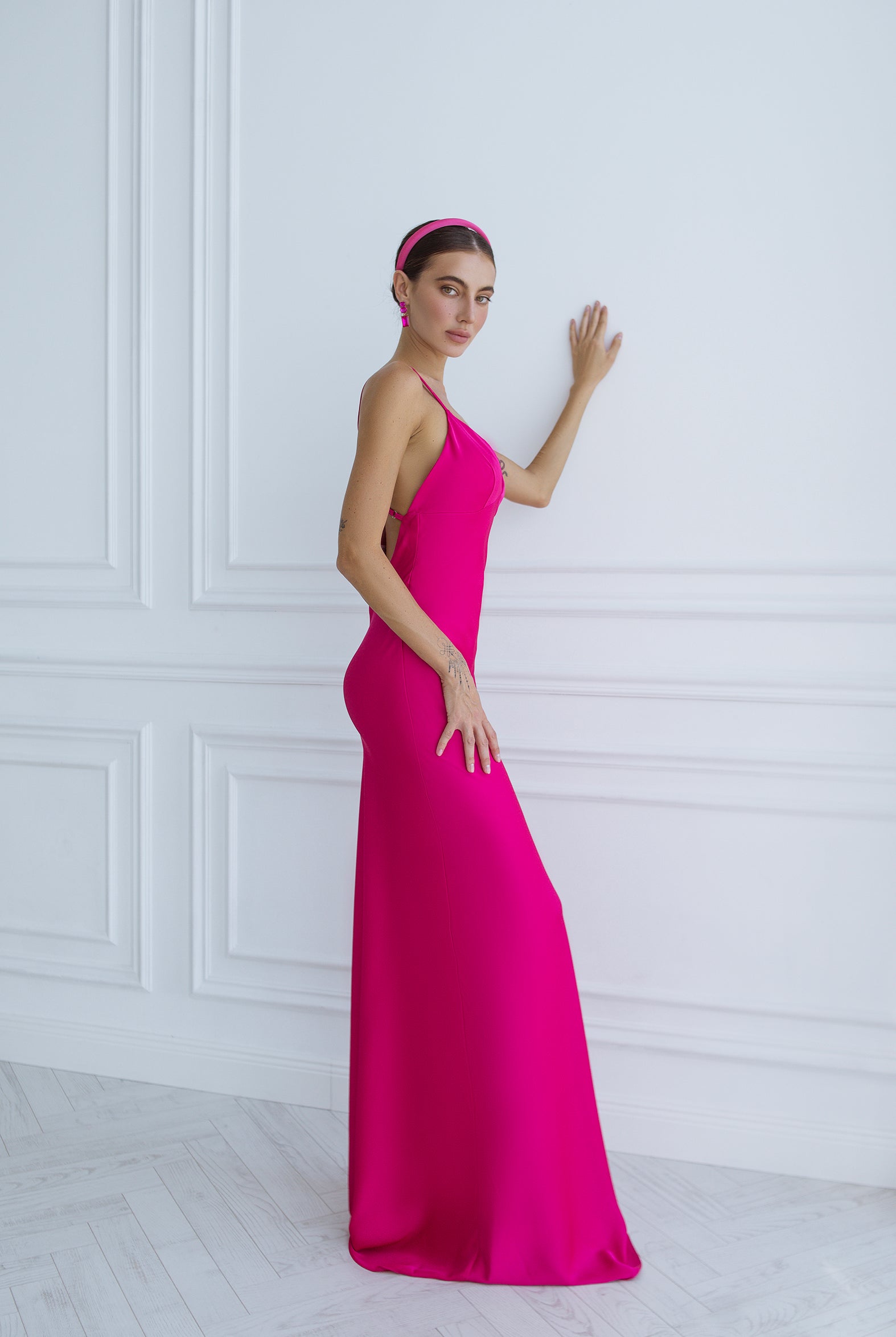 Liora Crimson Satin Open-Back Slip Maxi Dress - back view | ELAGIA