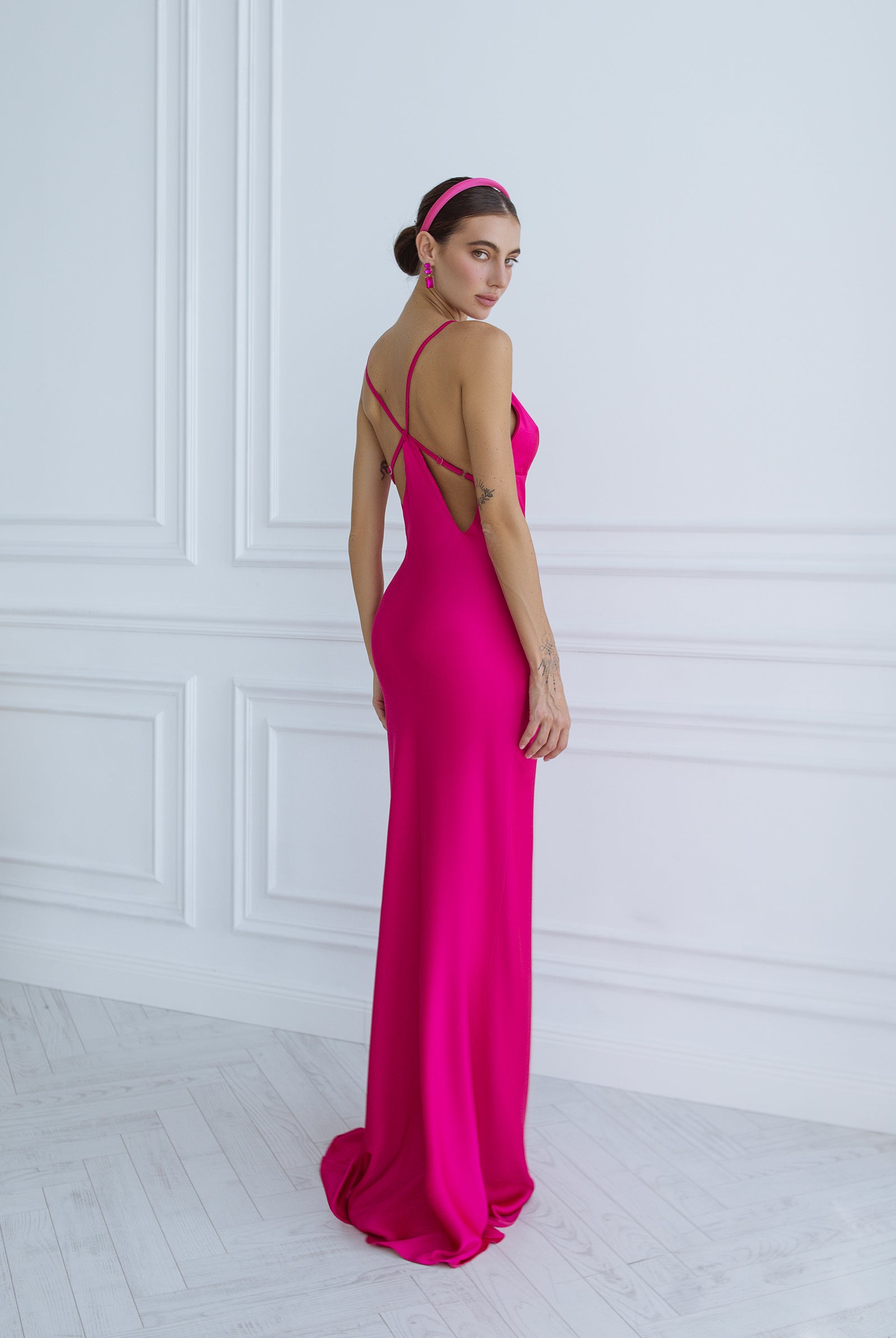 Liora Crimson Satin Open-Back Slip Maxi Dress - close-up detail | ELAGIA