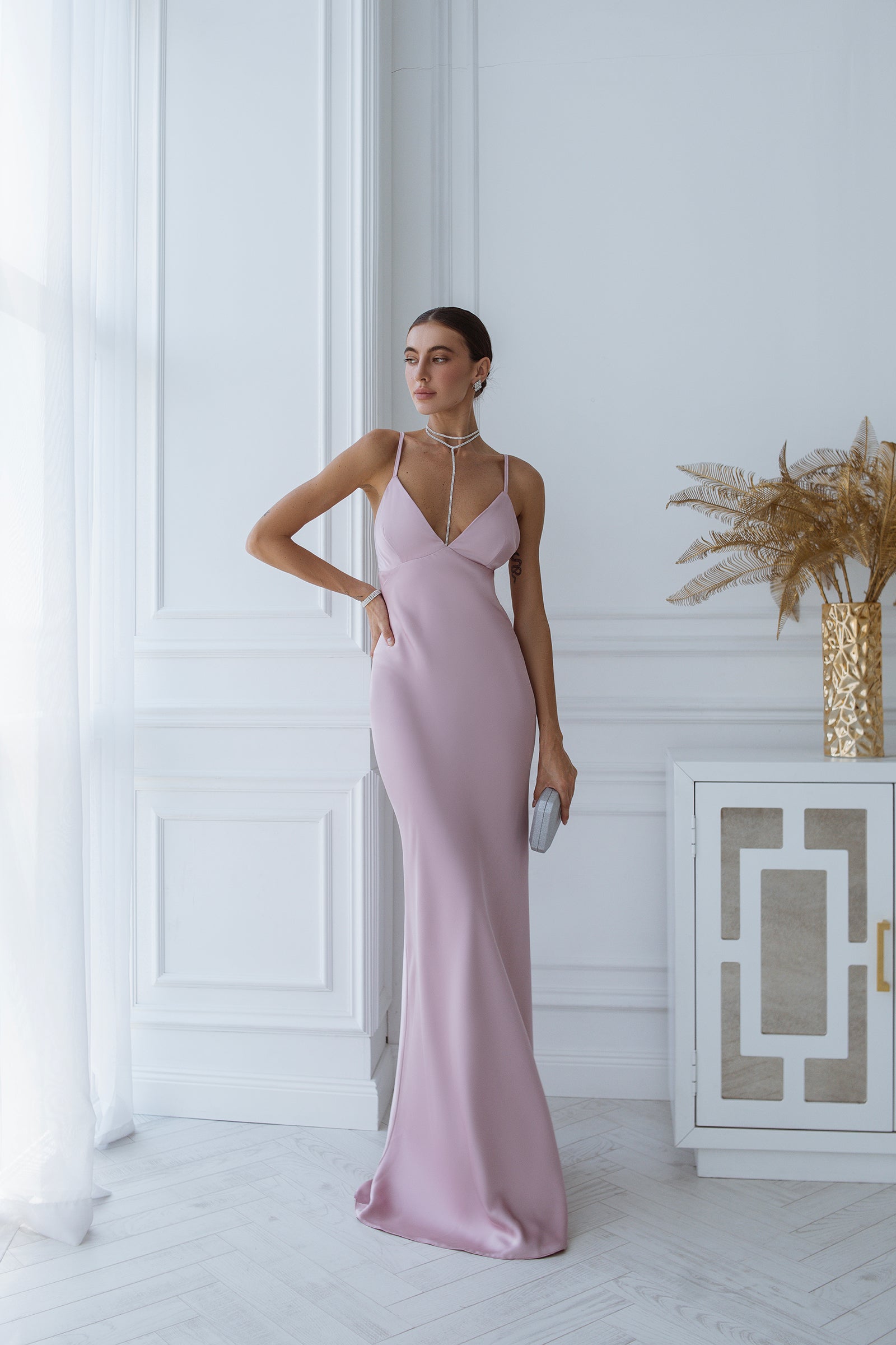 Liora Dusty Pink Satin Open-Back Slip Maxi Dress