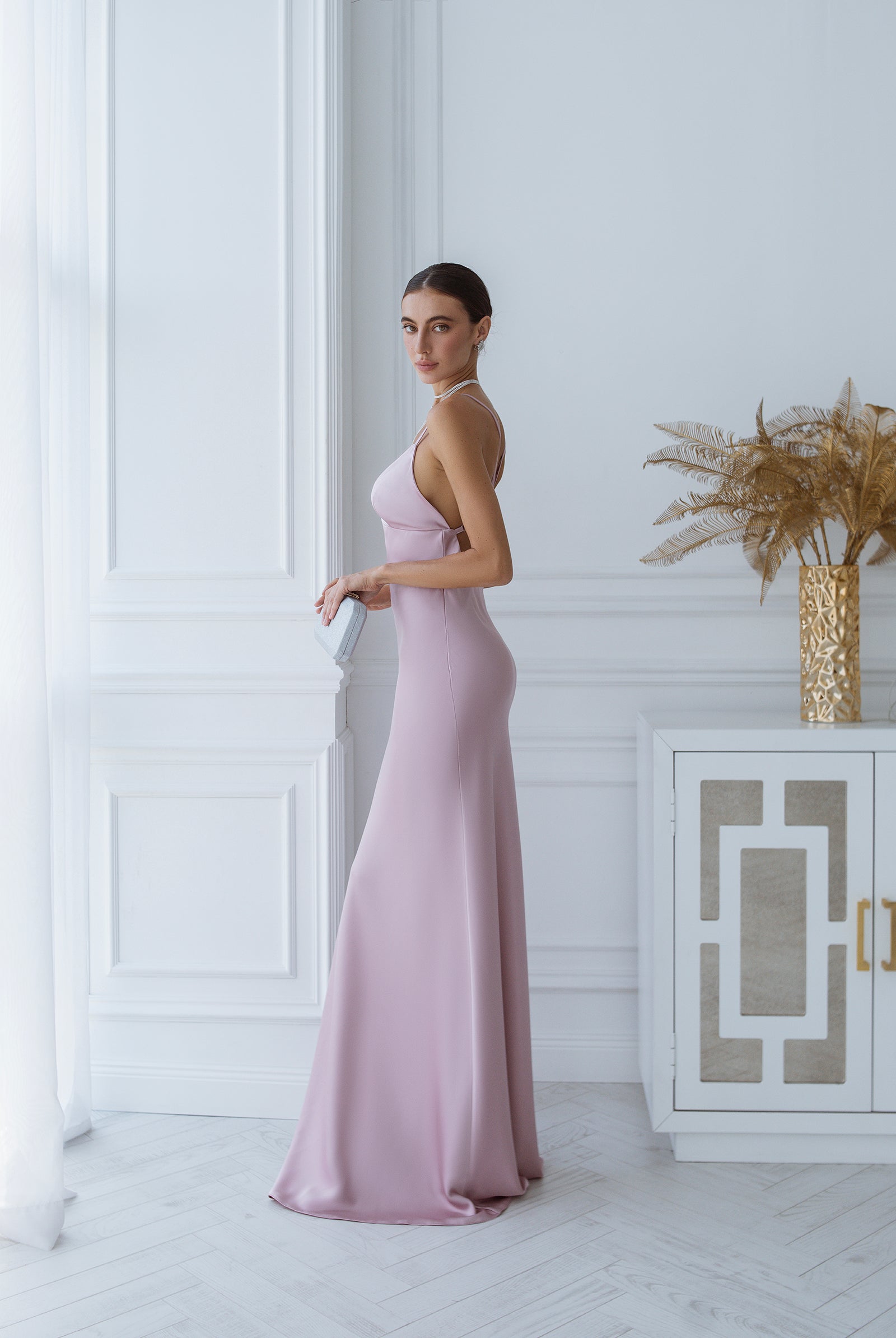 Liora Dusty Pink Satin Open-Back Slip Maxi Dress - close-up detail | ELAGIA