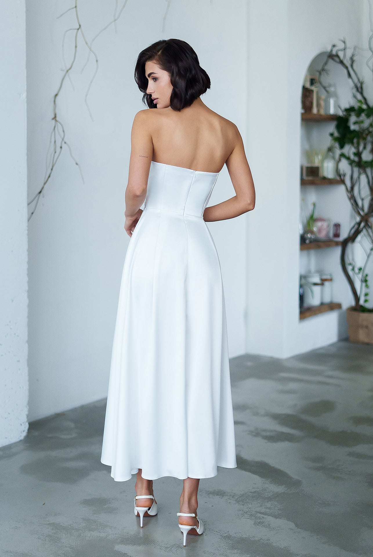 Nova White Satin Strapless Sweetheart Midi Dress - styled look | ELAGIA
