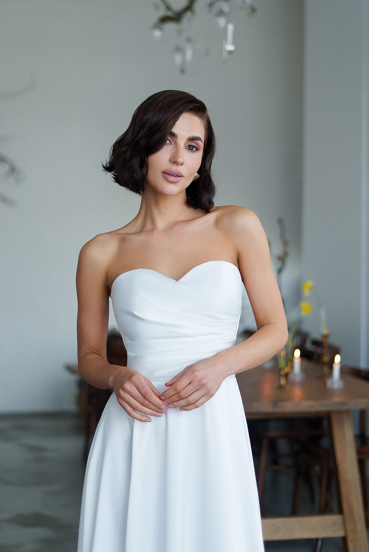 Nova White Satin Strapless Sweetheart Midi Dress - view 6 | ELAGIA
