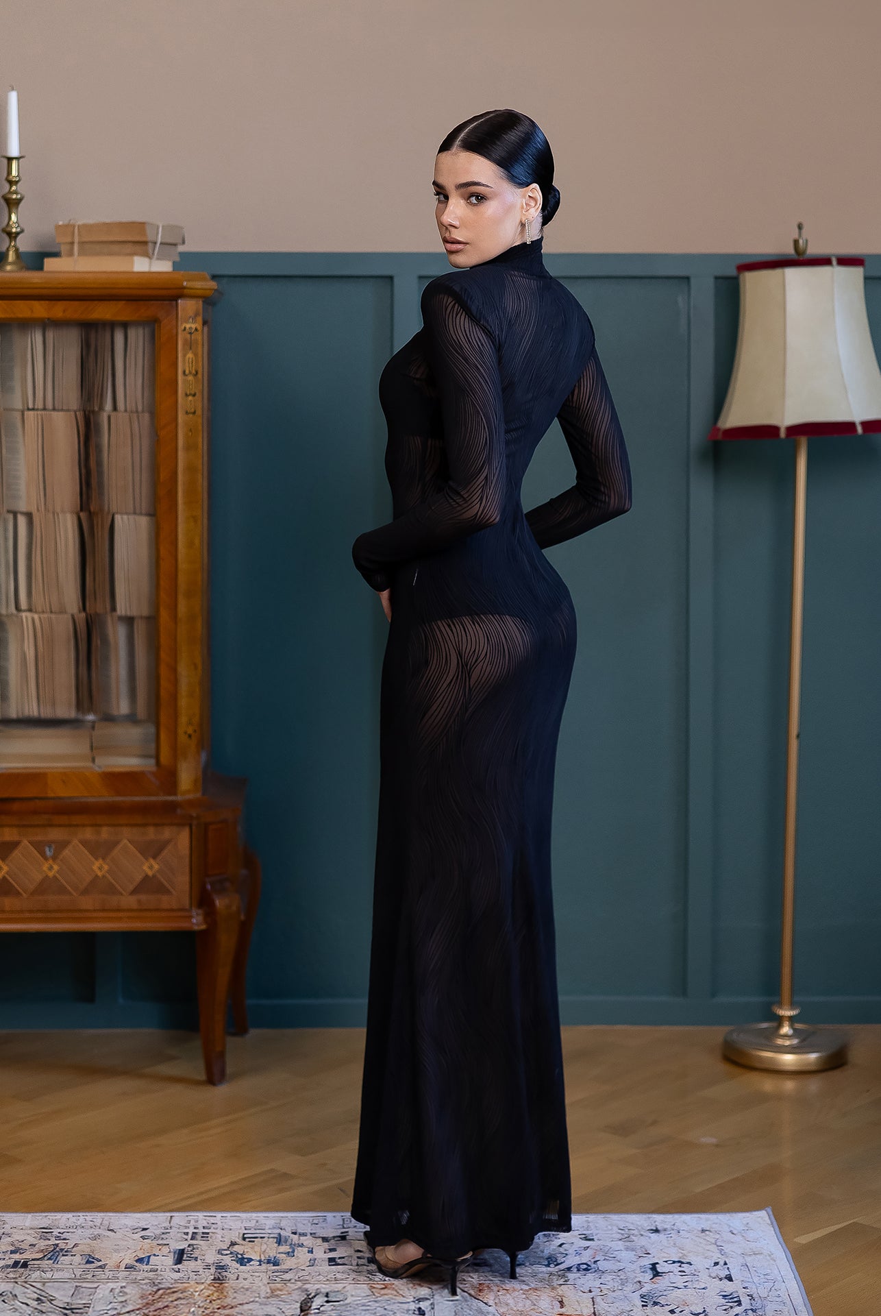 Lorena Black Sheer High-Neck Patterned Maxi Dress - back view | ELAGIA