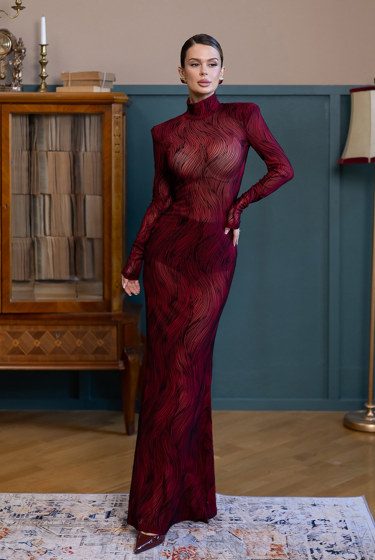 Lorena Red Sheer High-Neck Patterned Maxi Dress - front view | ELAGIA