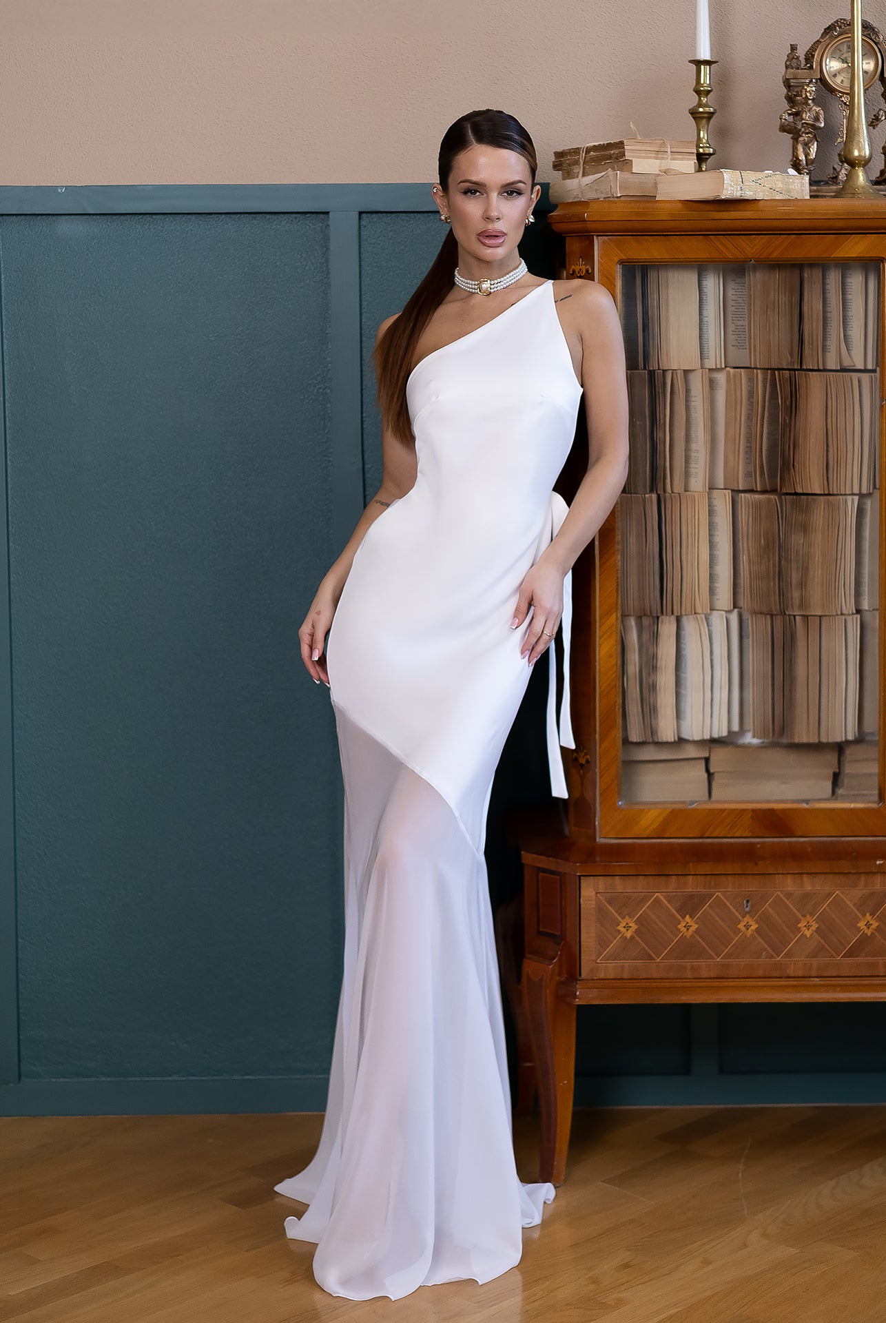 Liora White Satin One-Shoulder Backless Maxi Dress - view 9 | ELAGIA