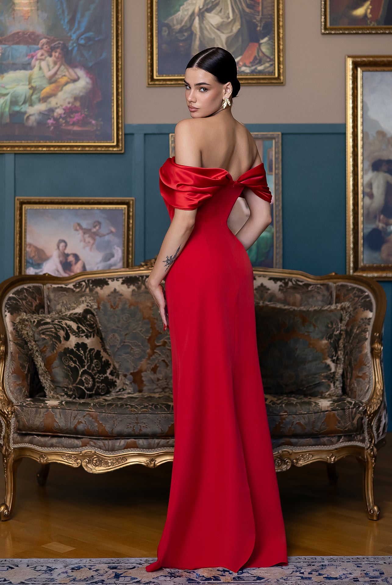 Léa Red Off-the-Shoulder Draped Maxi Dress - view 7 | ELAGIA