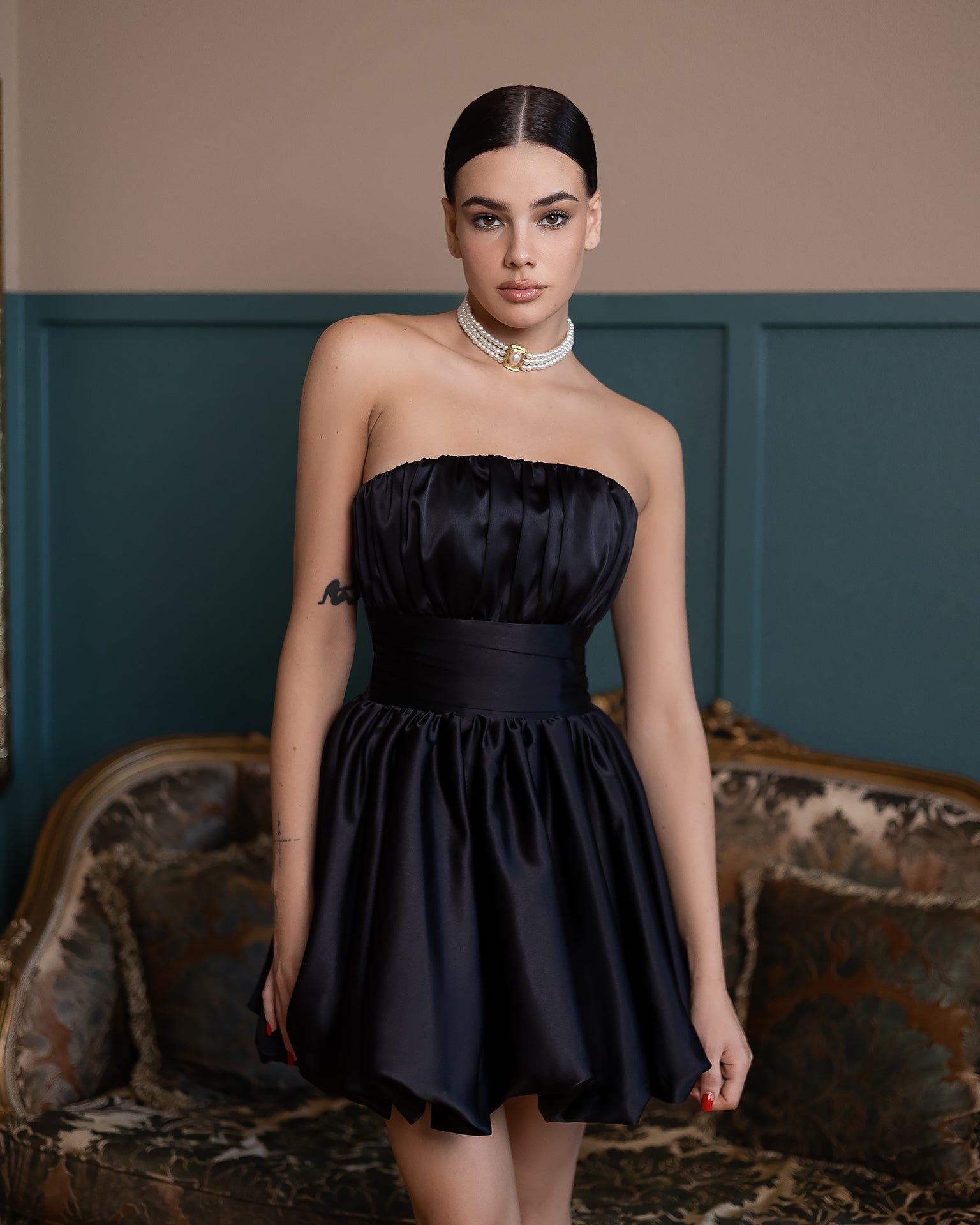 Monica Black Satin Strapless Mini Dress - view 11 | ELAGIA