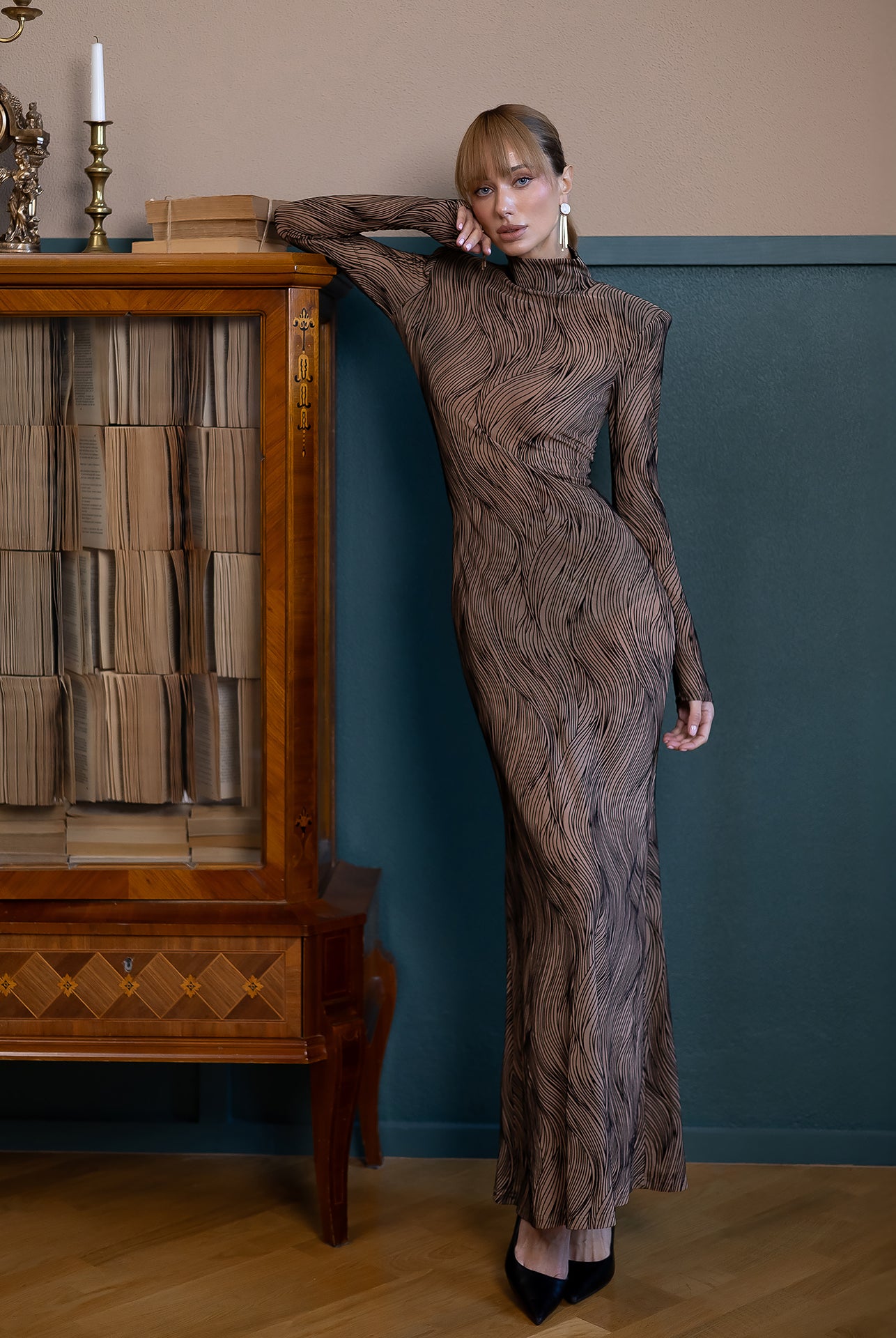 Lorena Beige Sheer High-Neck Patterned Maxi Dress - front view | ELAGIA