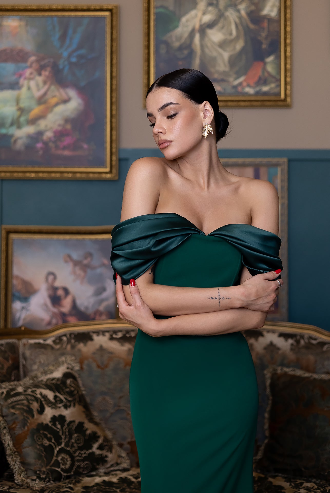 Léa Green Off-the-Shoulder Draped Maxi Dress - back view | ELAGIA