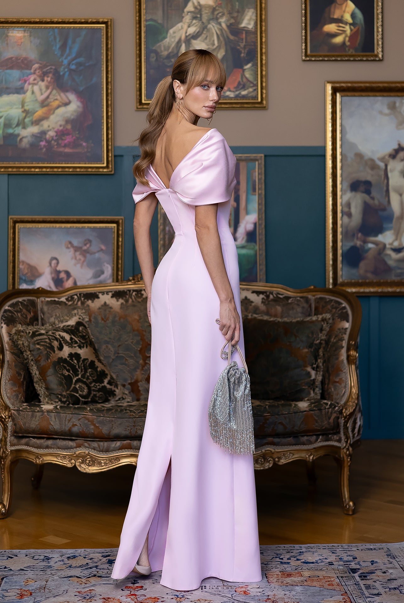 Léa Pink Off-the-Shoulder Draped Maxi Dress - side view | ELAGIA