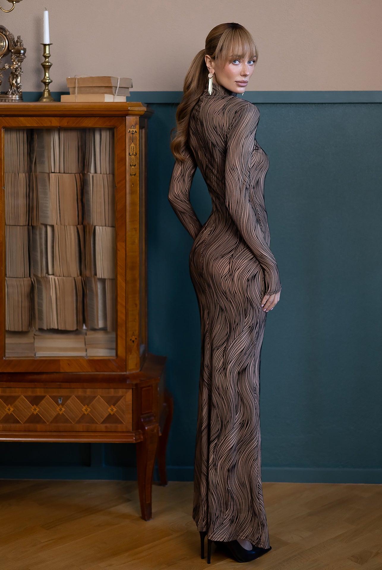 Lorena Beige Sheer High-Neck Patterned Maxi Dress - side view | ELAGIA