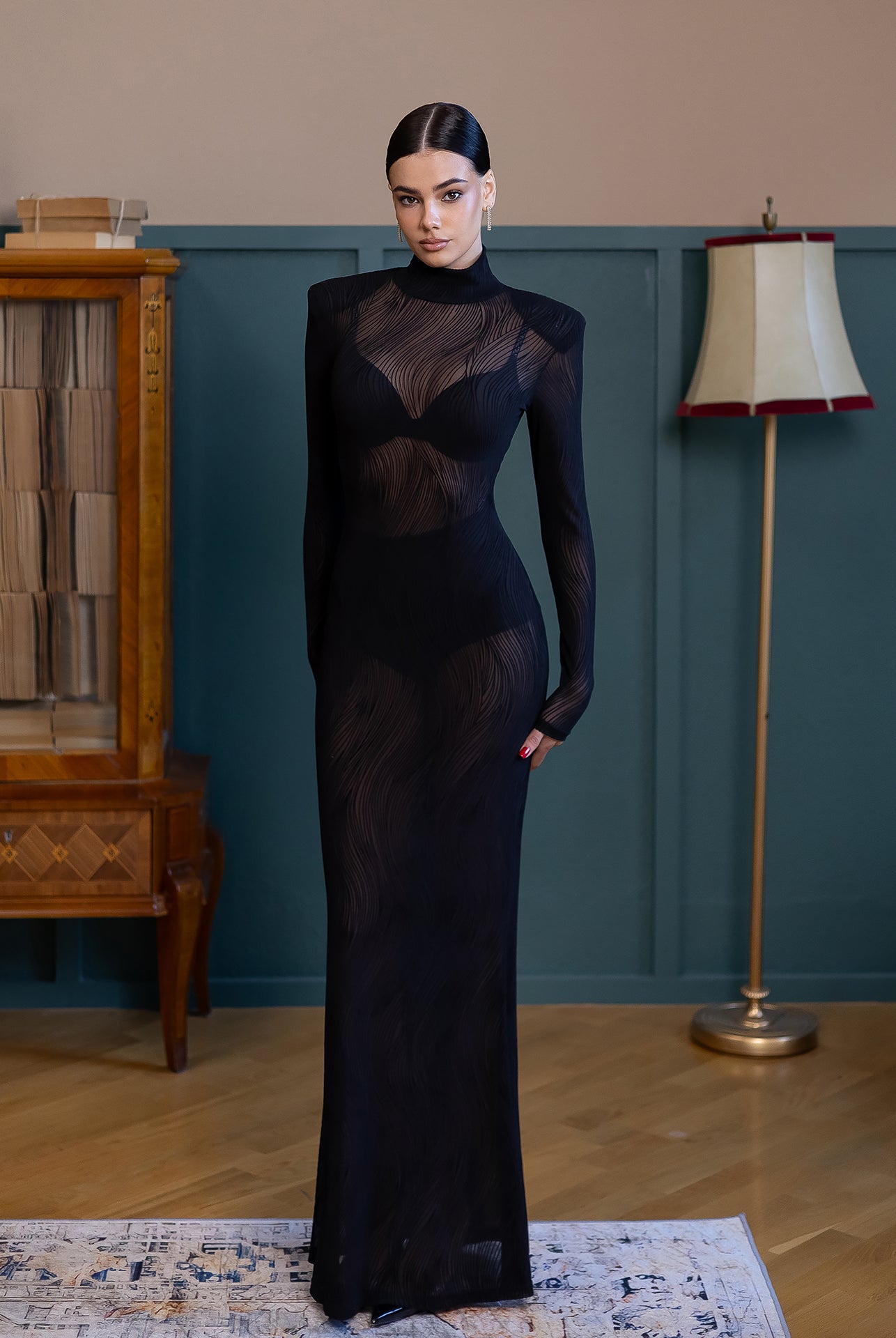 Lorena Black Sheer High-Neck Patterned Maxi Dress - front view | ELAGIA