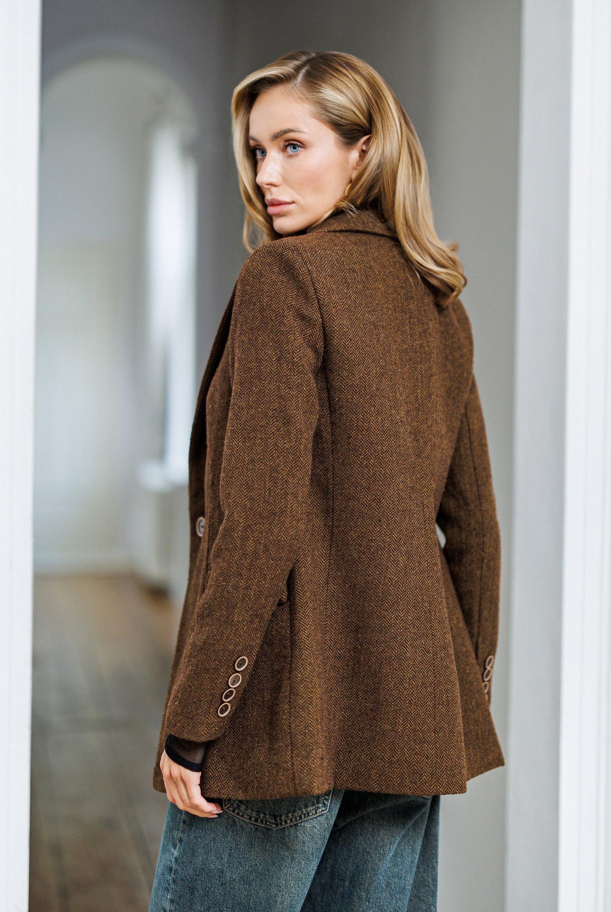 Elara Brown Striped Wool Single-Breasted Blazer - styled look | ELAGIA