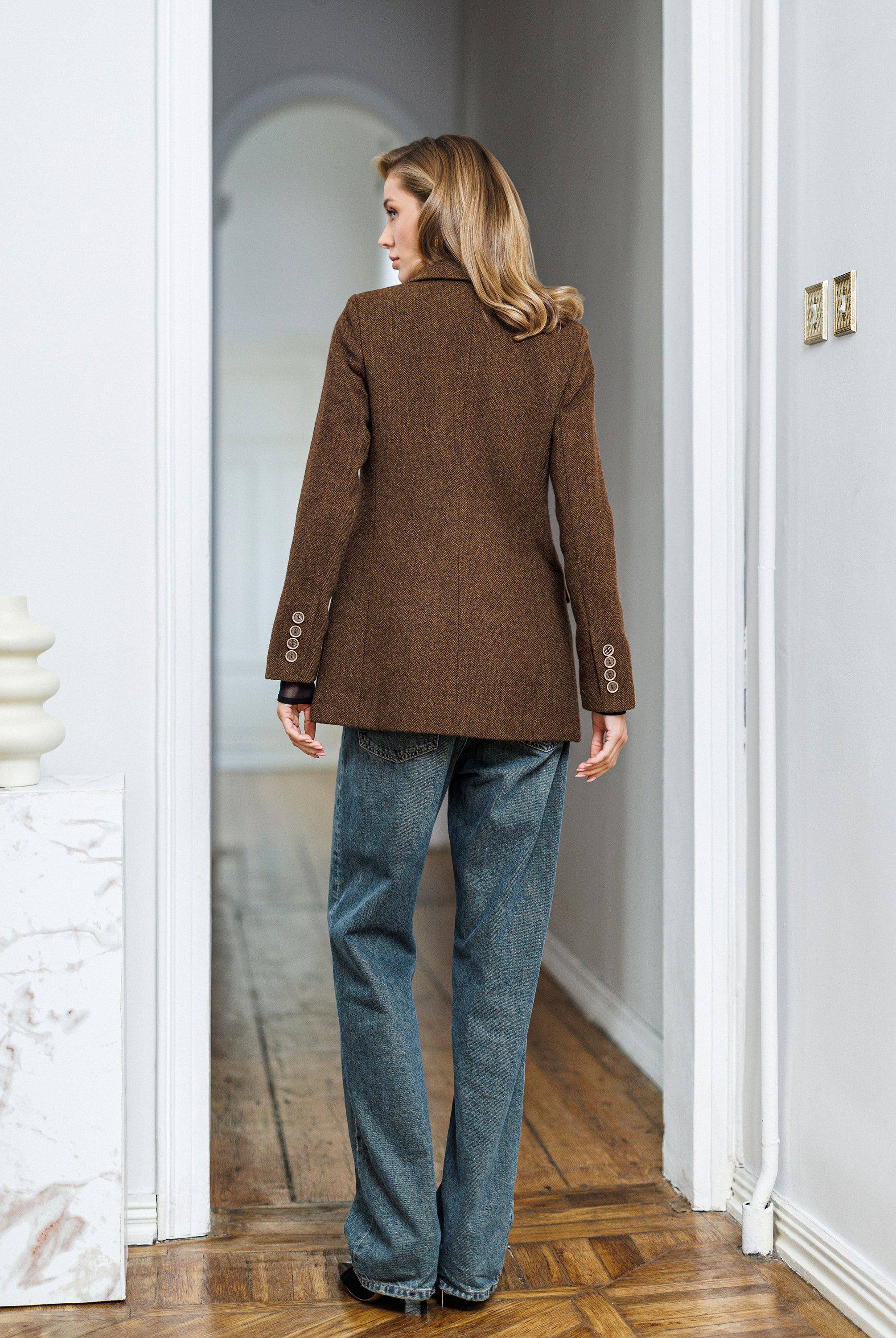 Elara Brown Striped Wool Single-Breasted Blazer - side view | ELAGIA