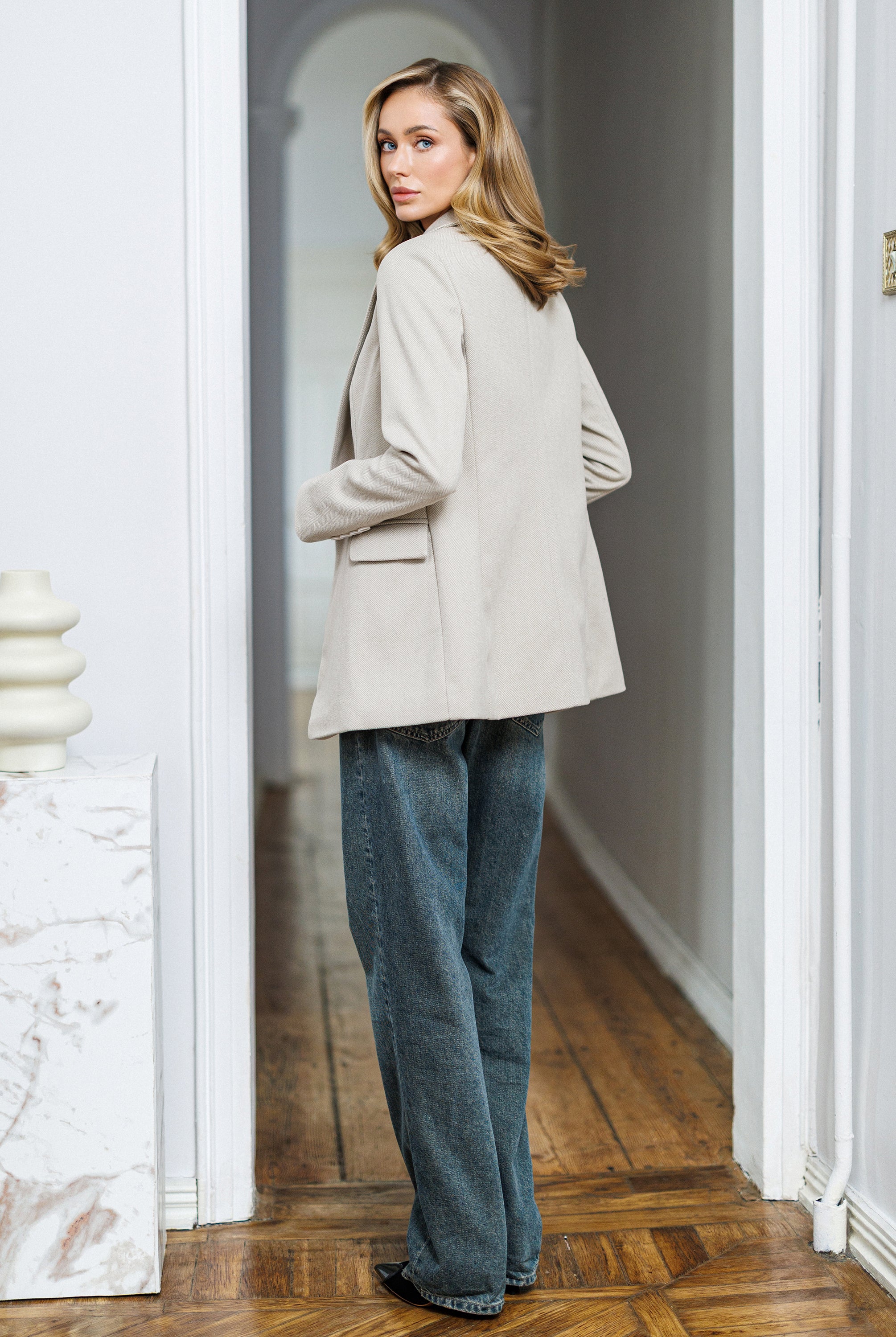 Elara Beige Striped Wool Single-Breasted Blazer - side view | ELAGIA