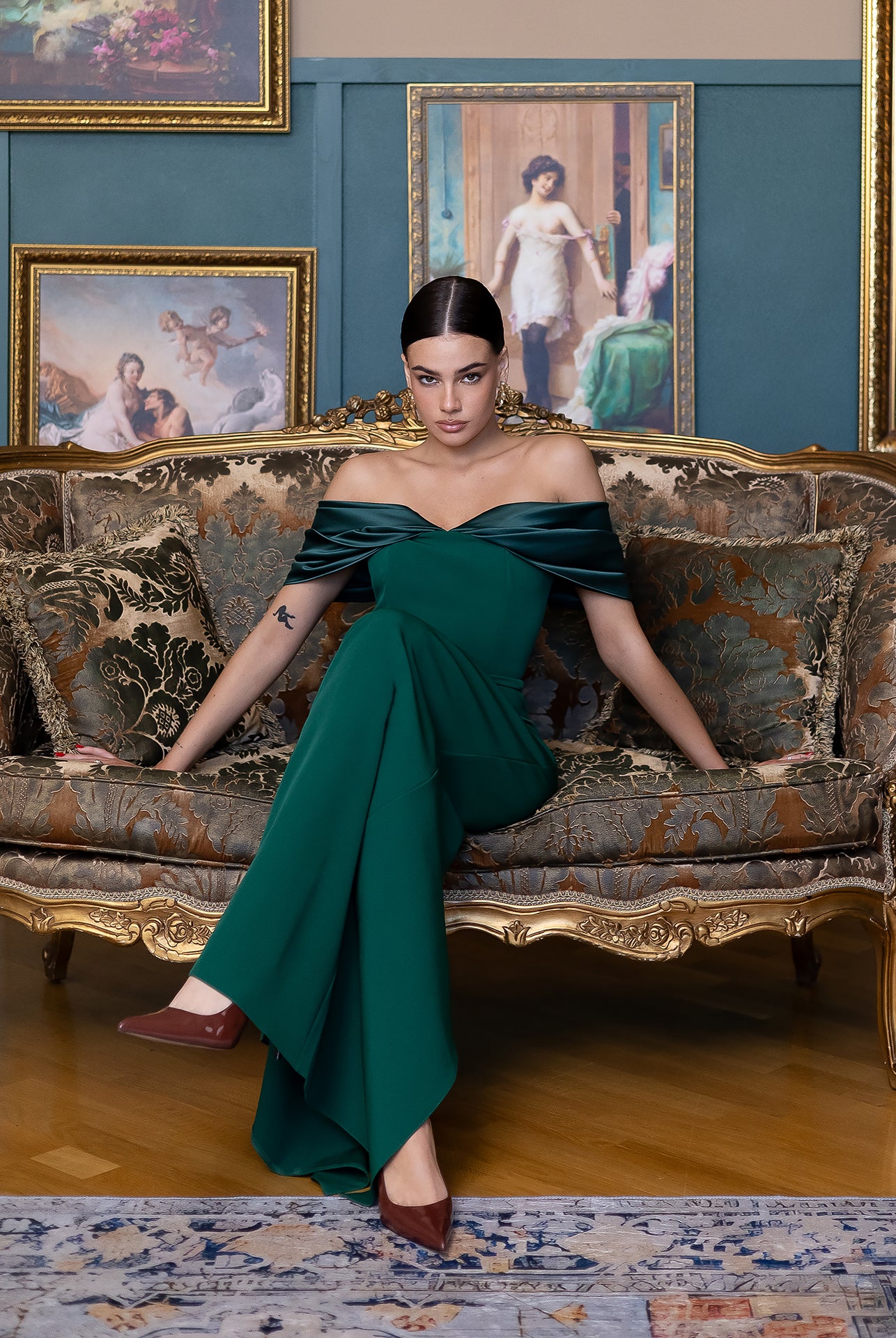 Léa Green Off-the-Shoulder Draped Maxi Dress - close-up detail | ELAGIA