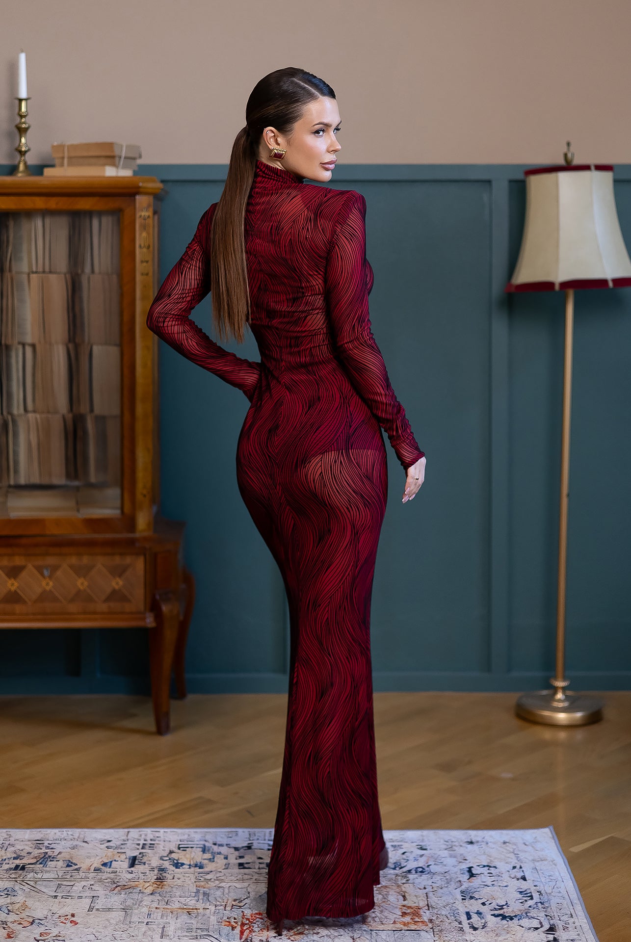 Lorena Red Sheer High-Neck Patterned Maxi Dress - side view | ELAGIA