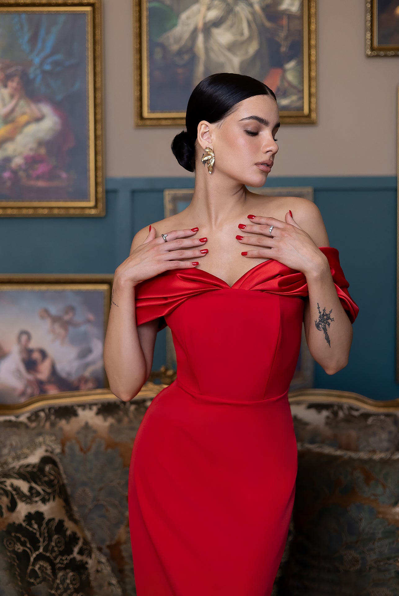 Léa Red Off-the-Shoulder Draped Maxi Dress - view 8 | ELAGIA