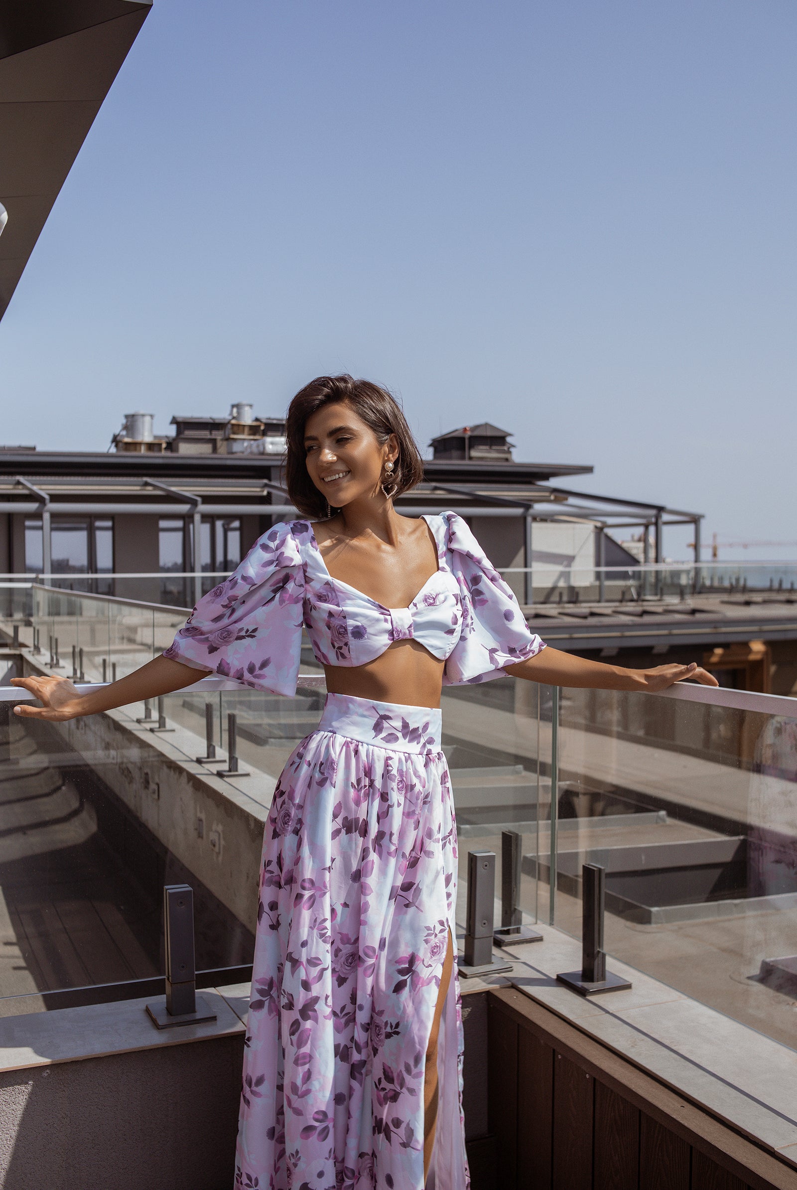 Purple Floral-Print Puff Sleeve Bow Top & Midi Skirt 2-Piece Set - close-up detail | ELAGIA