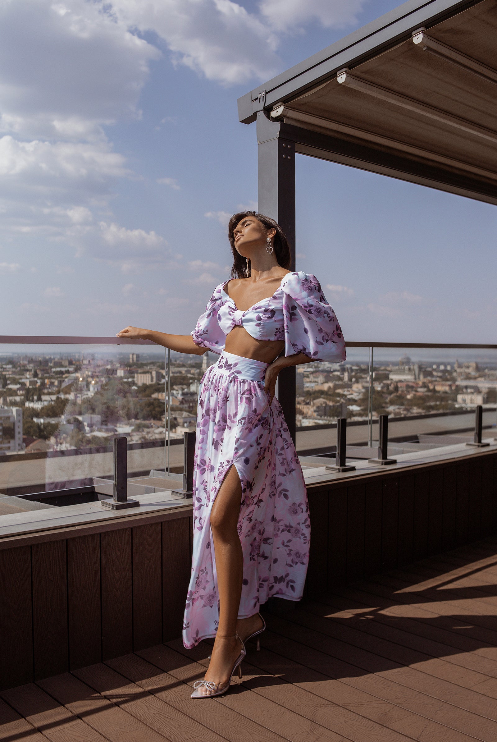 Purple Floral-Print Puff Sleeve Bow Top & Midi Skirt 2-Piece Set - side view | ELAGIA