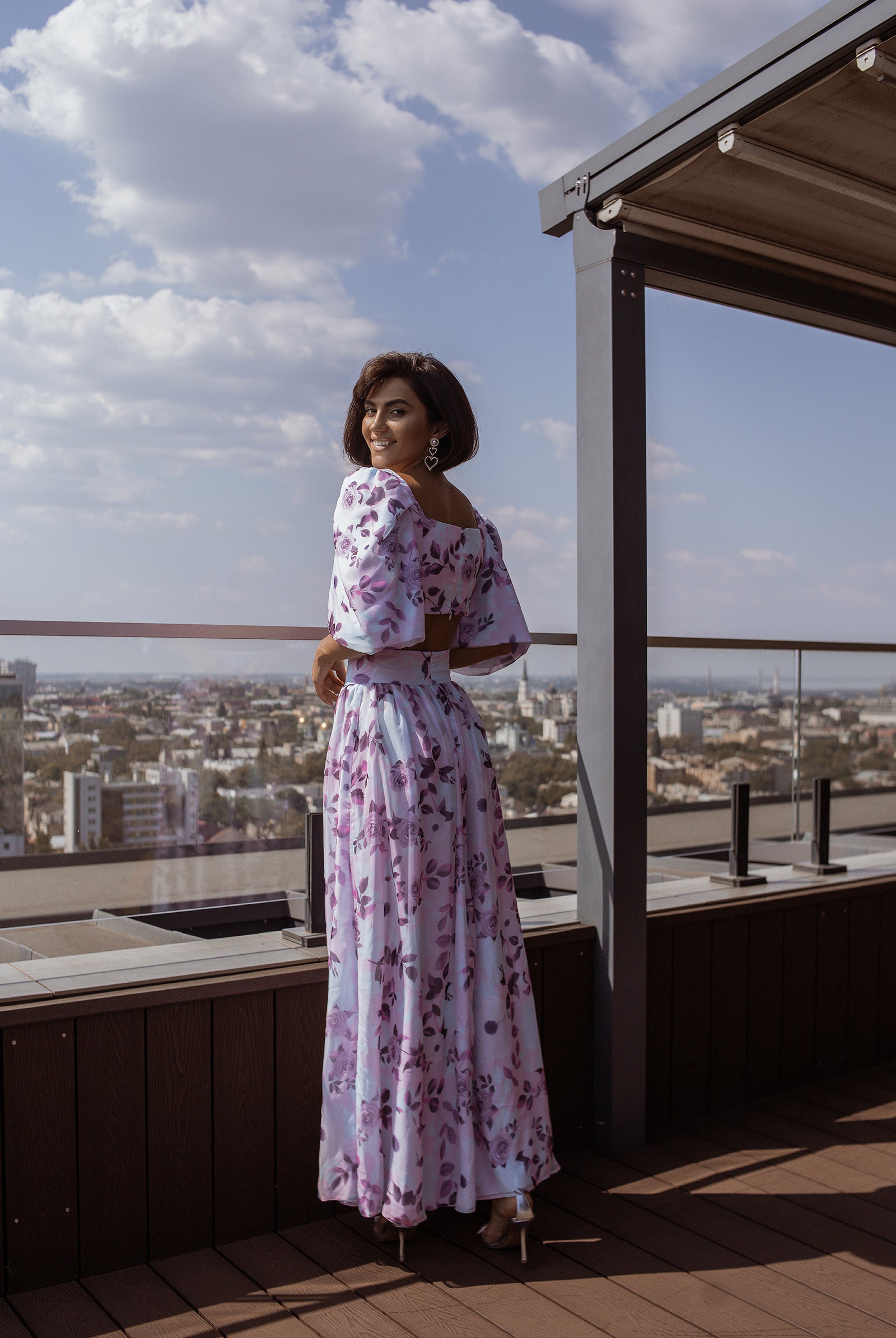 Purple Floral-Print Puff Sleeve Bow Top & Midi Skirt 2-Piece Set - back view | ELAGIA