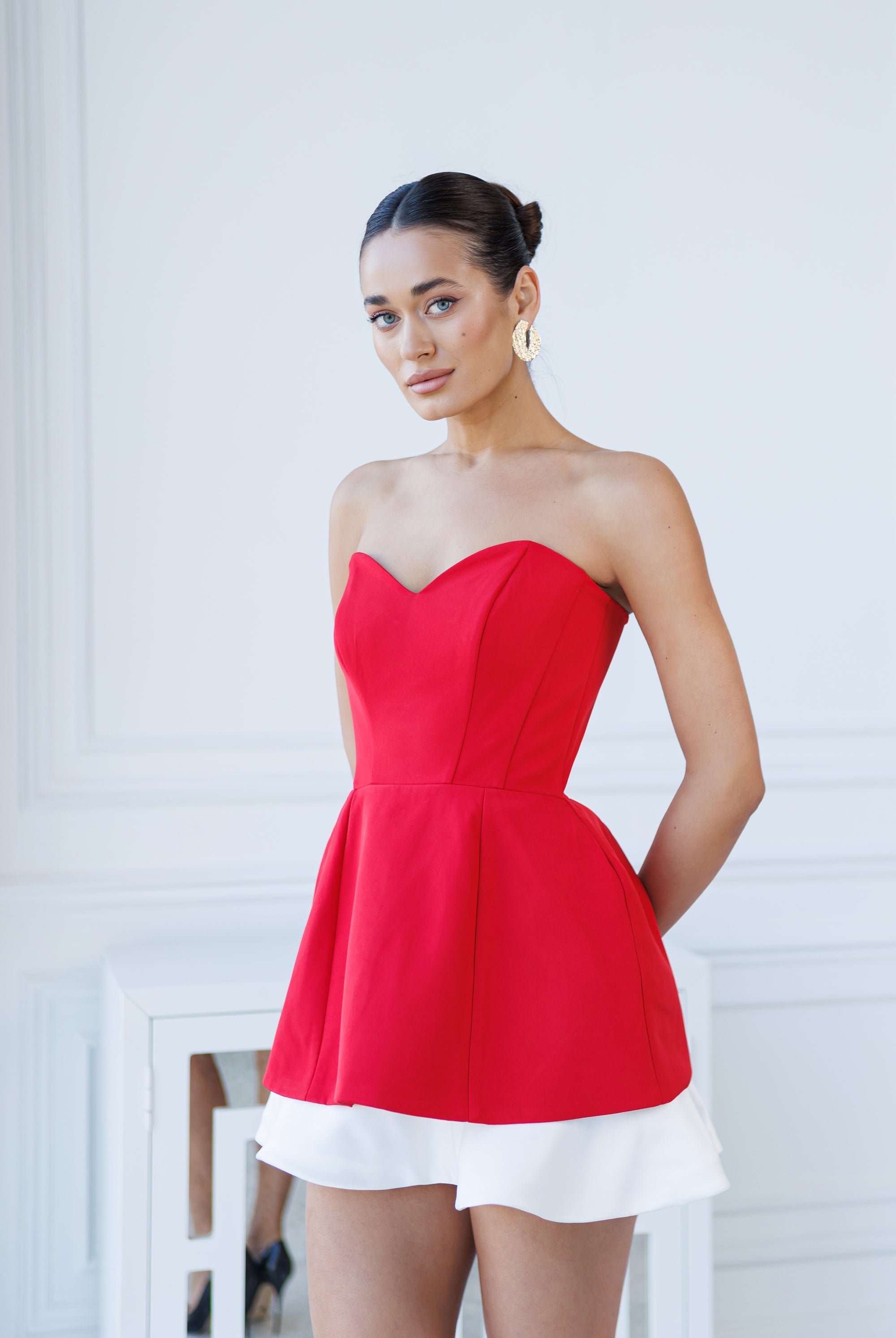 Red Sweetheart Strapless White Hem Mini Dress - back view | ELAGIA